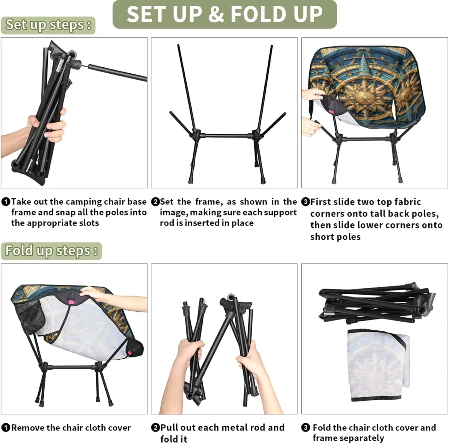 Compass Portable Camping Chair with 2 Side Pockets,Outdoor Lightweight Folding Chair with Compact Design for Men Women for Backpacking,Hiking,Fishing and Travel