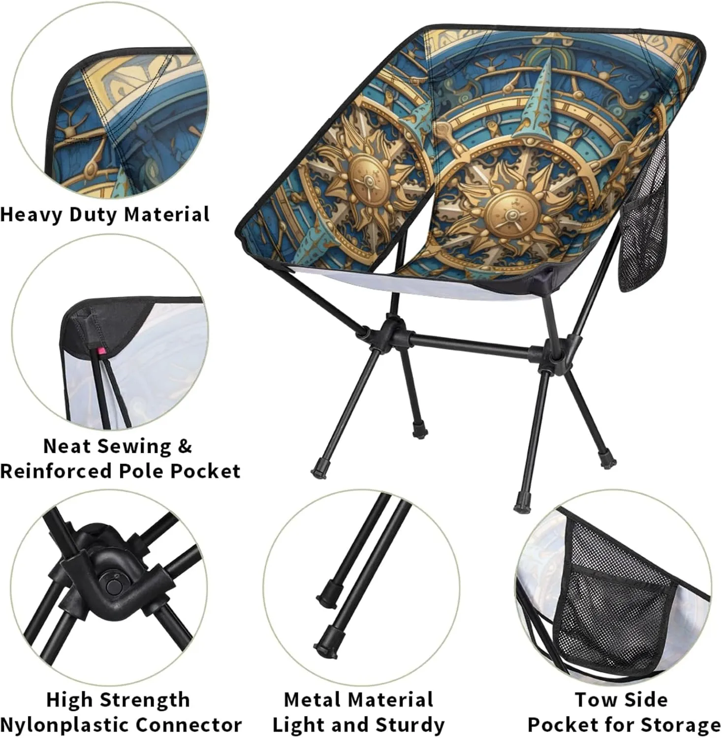 Compass Portable Camping Chair with 2 Side Pockets,Outdoor Lightweight Folding Chair with Compact Design for Men Women for Backpacking,Hiking,Fishing and Travel