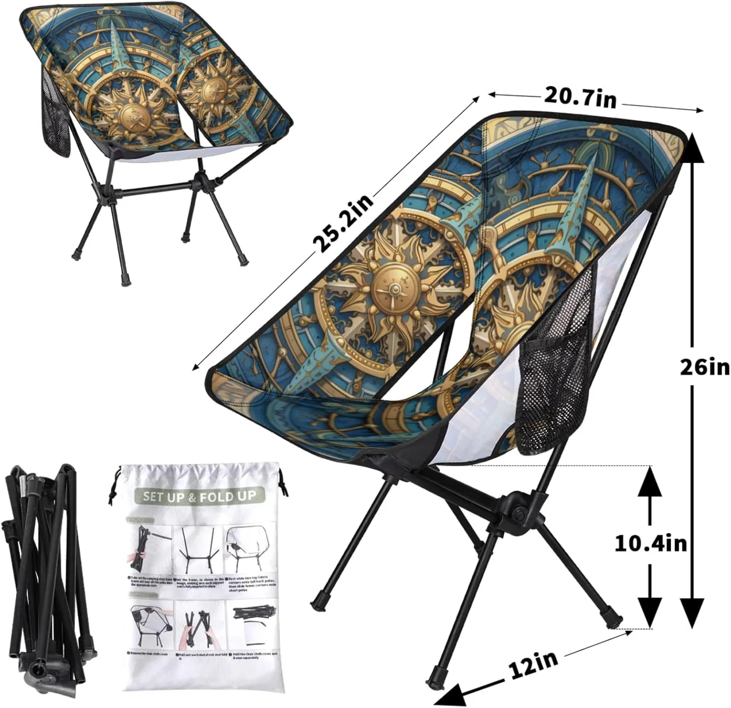Compass Portable Camping Chair with 2 Side Pockets,Outdoor Lightweight Folding Chair with Compact Design for Men Women for Backpacking,Hiking,Fishing and Travel