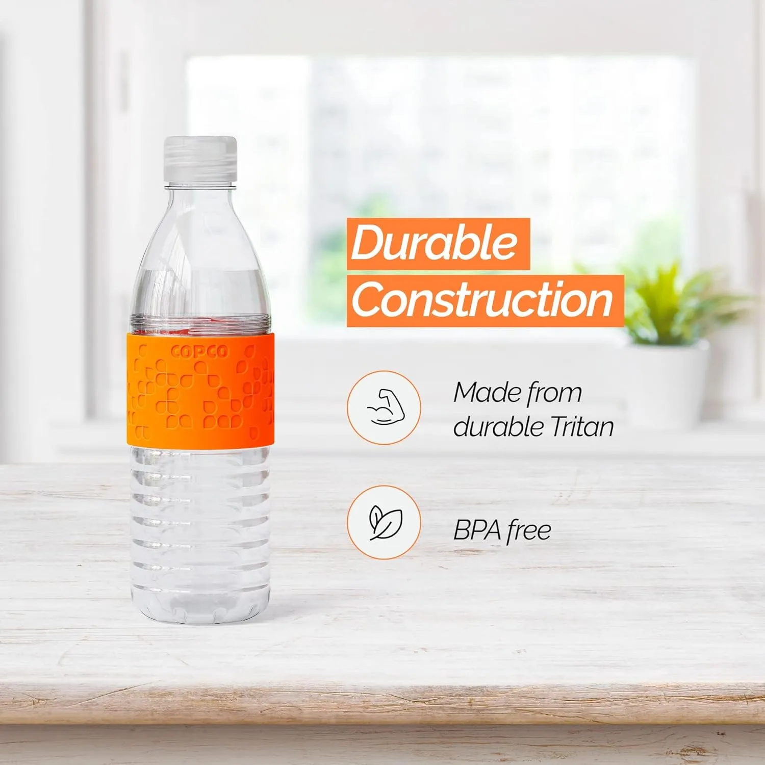 Copco Hydra 16.9 oz Water Bottle with Leak-Proof Lid - Tritan Reusable with Textured Grip Sleeve - BPA-Free, Shatter-Resistant, Dishwasher Safe for Travel, Gym, Work, Outdoor Adventures (Orange)