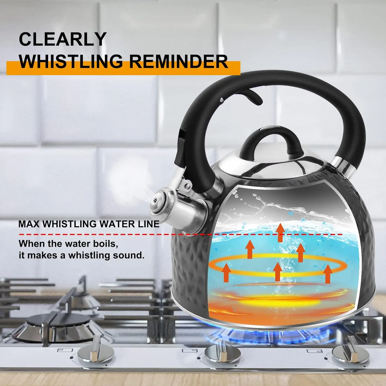 Copper Tea Kettle Stainless Steel Teapot Whistling Kettle Unique Button Control Kettle Outlet Loud Whistle Food Grade Teapot 3.2 Quart / 3 Liter Black