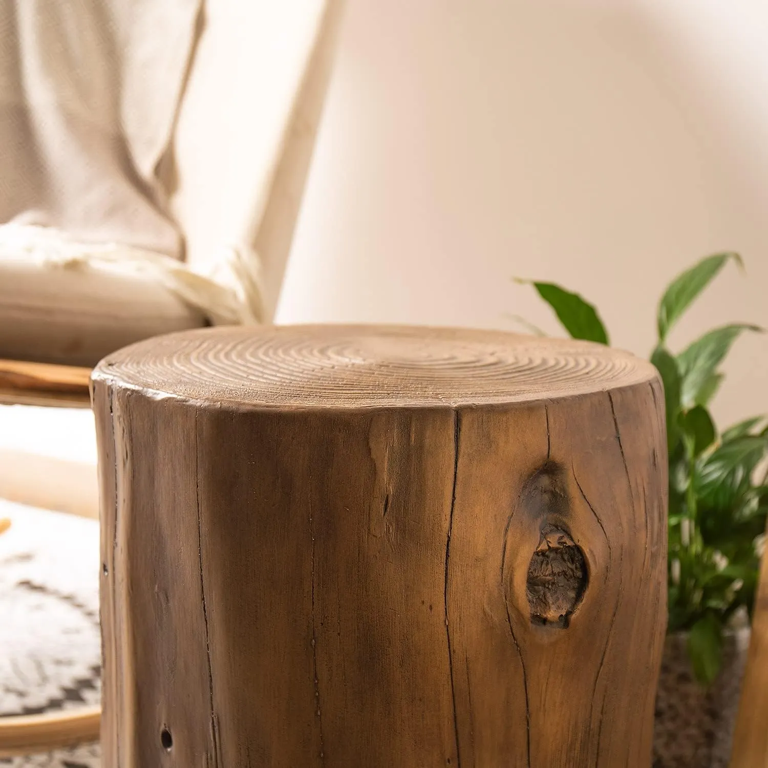 COSIEST Outdoor End Table Walnut Colored Faux Wood, Hand-Painted Wood Stump Stool, Ottoman or Plant Stand, Deck or Garden