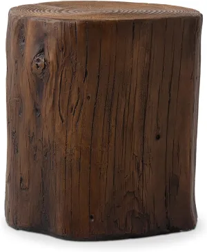 COSIEST Outdoor End Table Walnut Colored Faux Wood, Hand-Painted Wood Stump Stool, Ottoman or Plant Stand, Deck or Garden