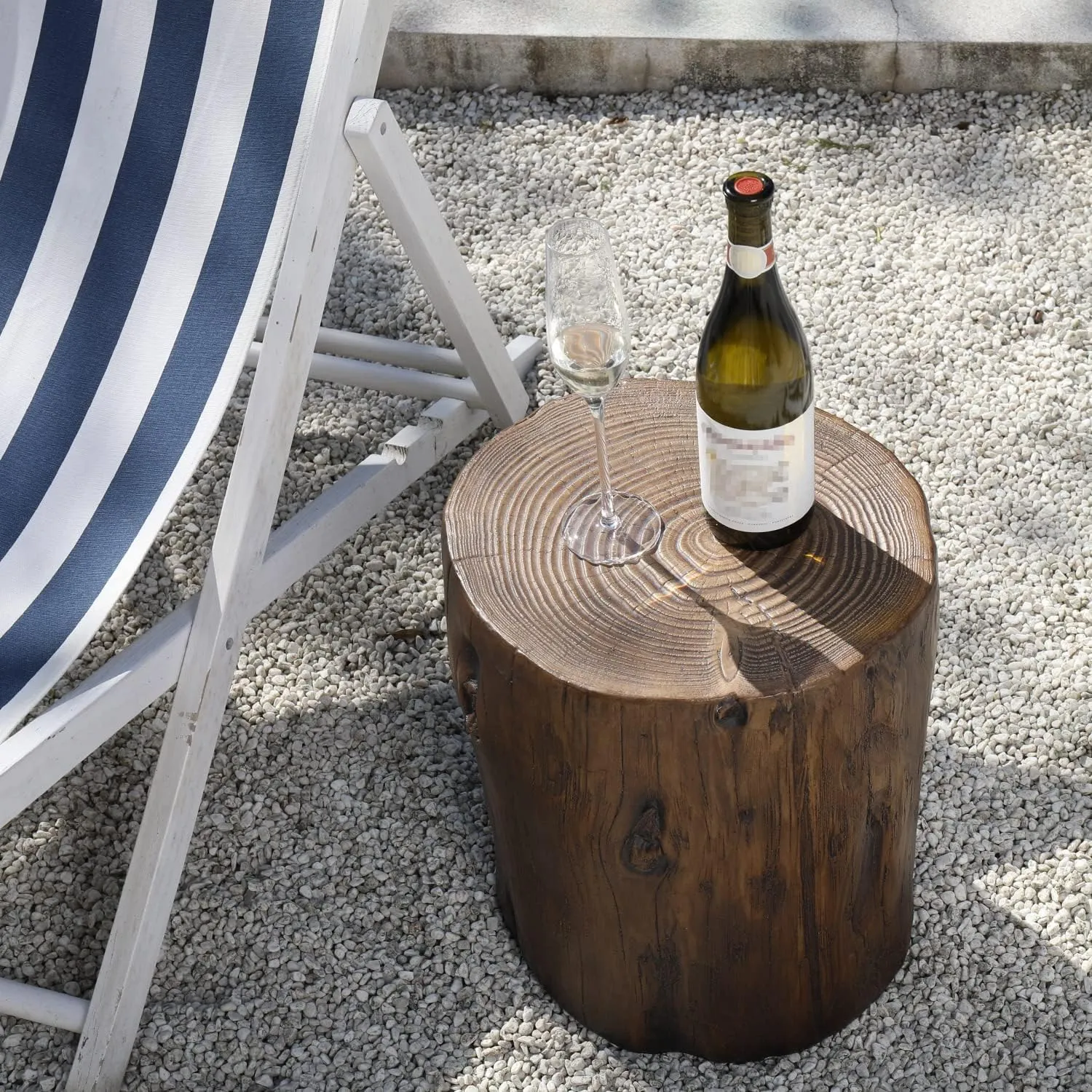 COSIEST Outdoor End Table Walnut Colored Faux Wood, Hand-Painted Wood Stump Stool, Ottoman or Plant Stand, Deck or Garden