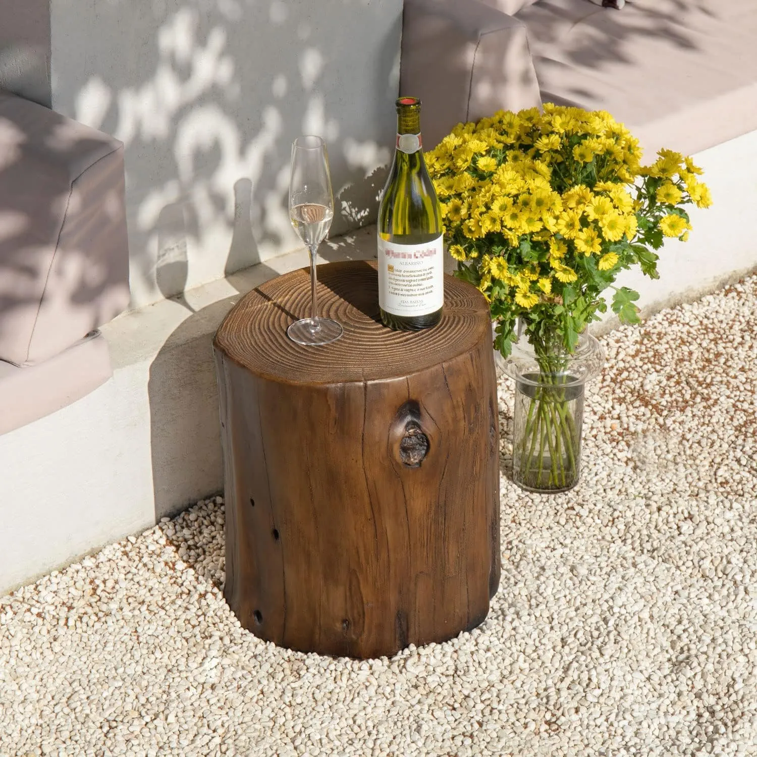COSIEST Outdoor End Table Walnut Colored Faux Wood, Hand-Painted Wood Stump Stool, Ottoman or Plant Stand, Deck or Garden