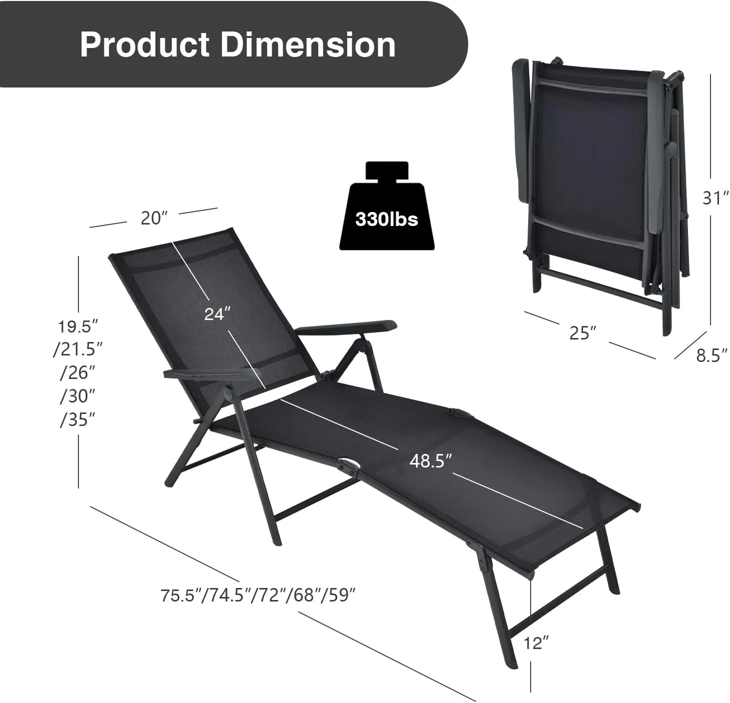 COSTWAY Folding Chaise Lounge, Lightweight & Breathable Fabric, Outdoor Tanning Recliner Chair for Deck, Beach (Black)