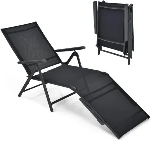 COSTWAY Folding Chaise Lounge, Lightweight & Breathable Fabric, Outdoor Tanning Recliner Chair for Deck, Beach (Black)