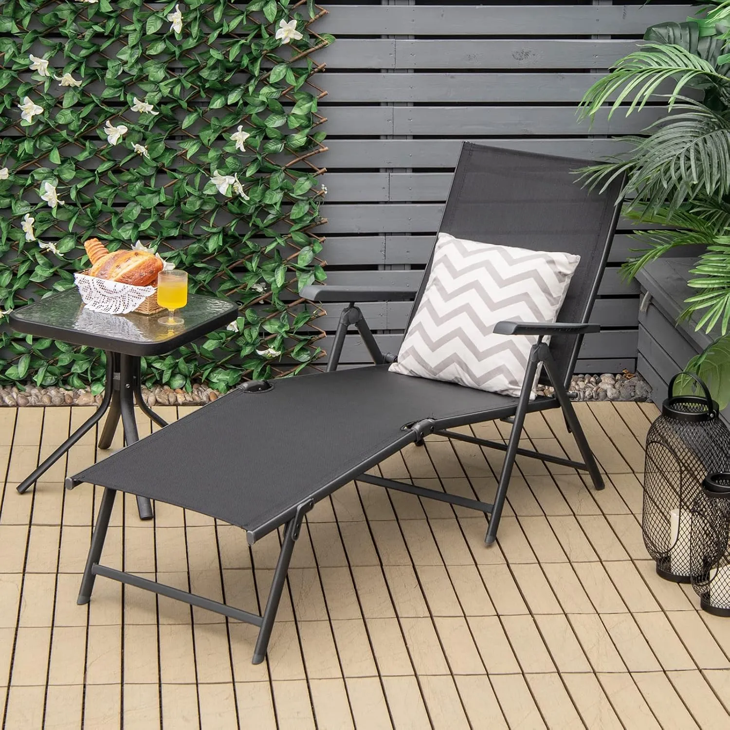 COSTWAY Folding Chaise Lounge, Lightweight & Breathable Fabric, Outdoor Tanning Recliner Chair for Deck, Beach (Black)