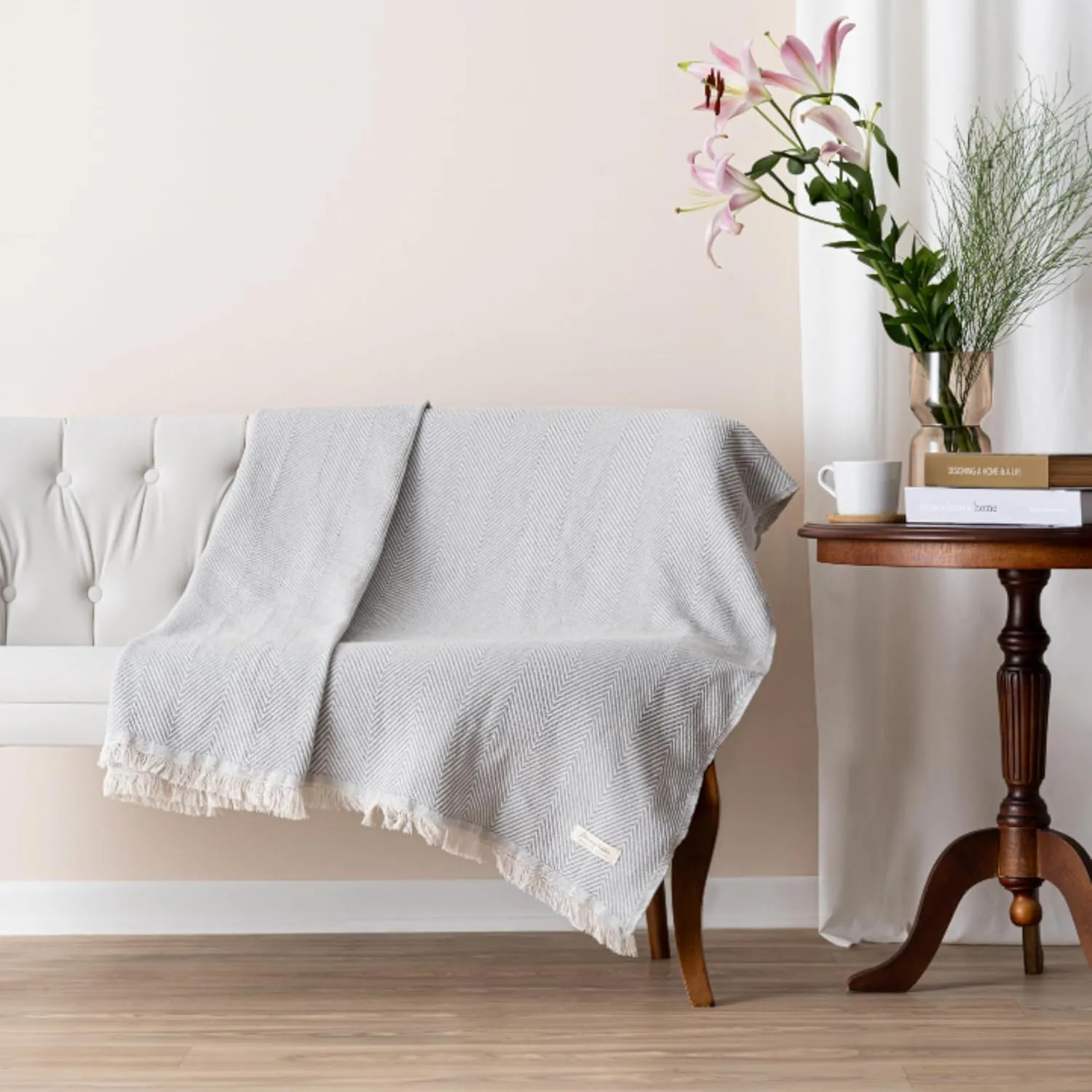 Cotton Chevron Bed Blanket Farmhouse Throw Blanket Lightweight Boho Decorative Blankets for Bed, Sofa, Chair, Couch, Twin Size, Ash Grey, 57x79