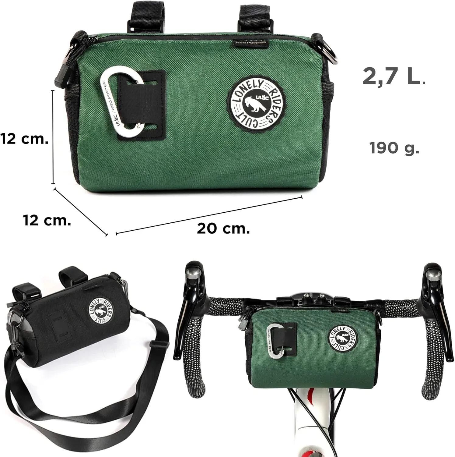 COURSIER COLLECTION Neo Porter Bike Feed Bag for Handlebar, with front eyelet accommodating lights and sunglasses and a shoulder strap for easy transport