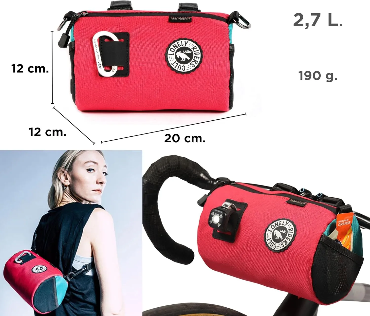 COURSIER COLLECTION Neo Porter Bike Feed Bag for Handlebar, with front eyelet accommodating lights and sunglasses and a shoulder strap for easy transport