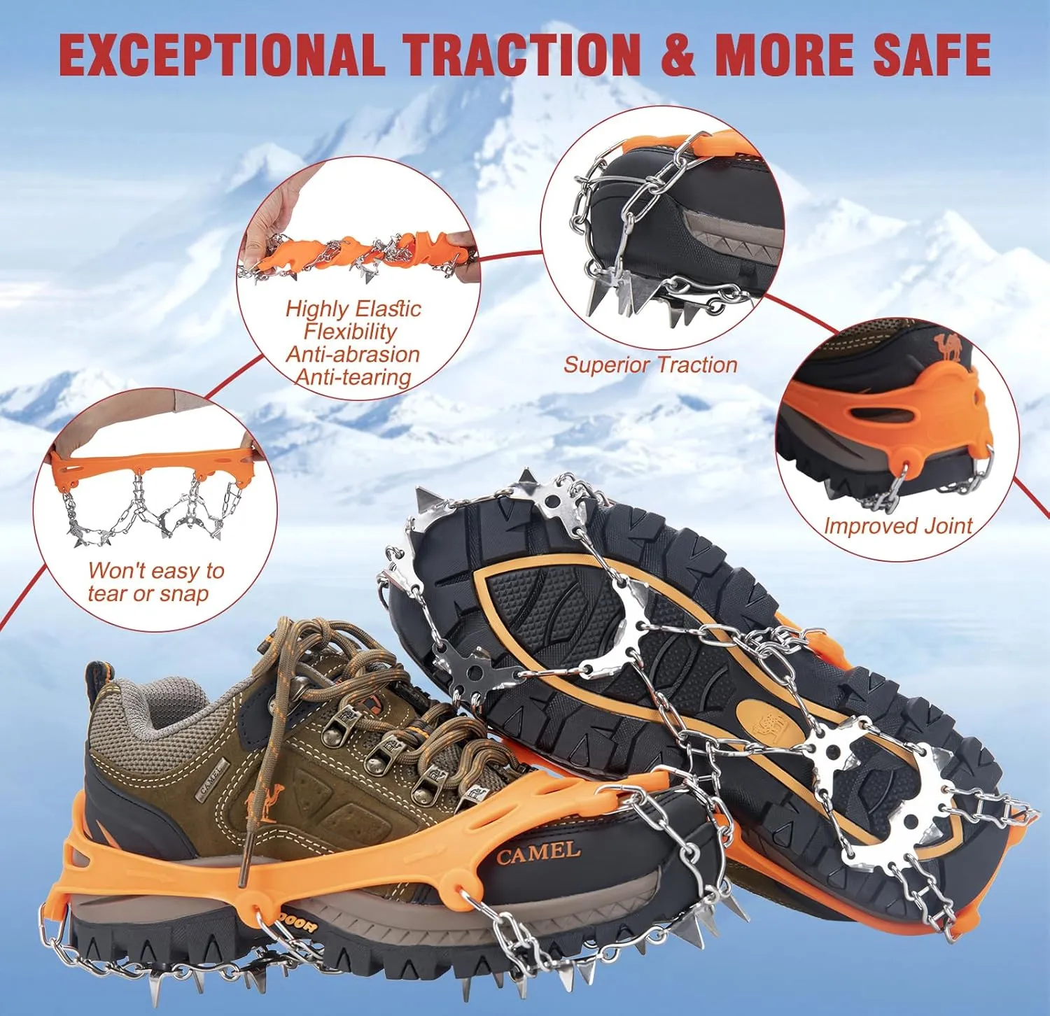 Crampons for Hiking Boots, Shoes, Anti Slip 19 Stainless Steel Crampons Ice Cleats Traction Snow Grips Safe Protect for Women Men Kids Walking Climbing