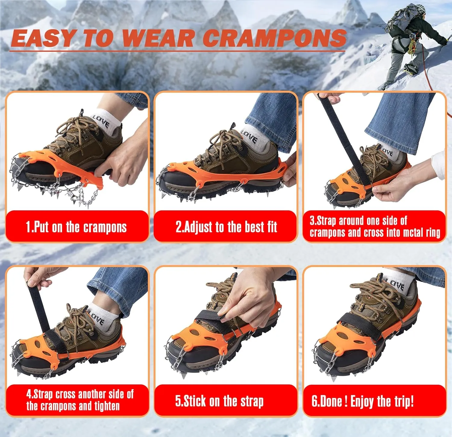 Crampons for Hiking Boots, Shoes, Anti Slip 19 Stainless Steel Crampons Ice Cleats Traction Snow Grips Safe Protect for Women Men Kids Walking Climbing