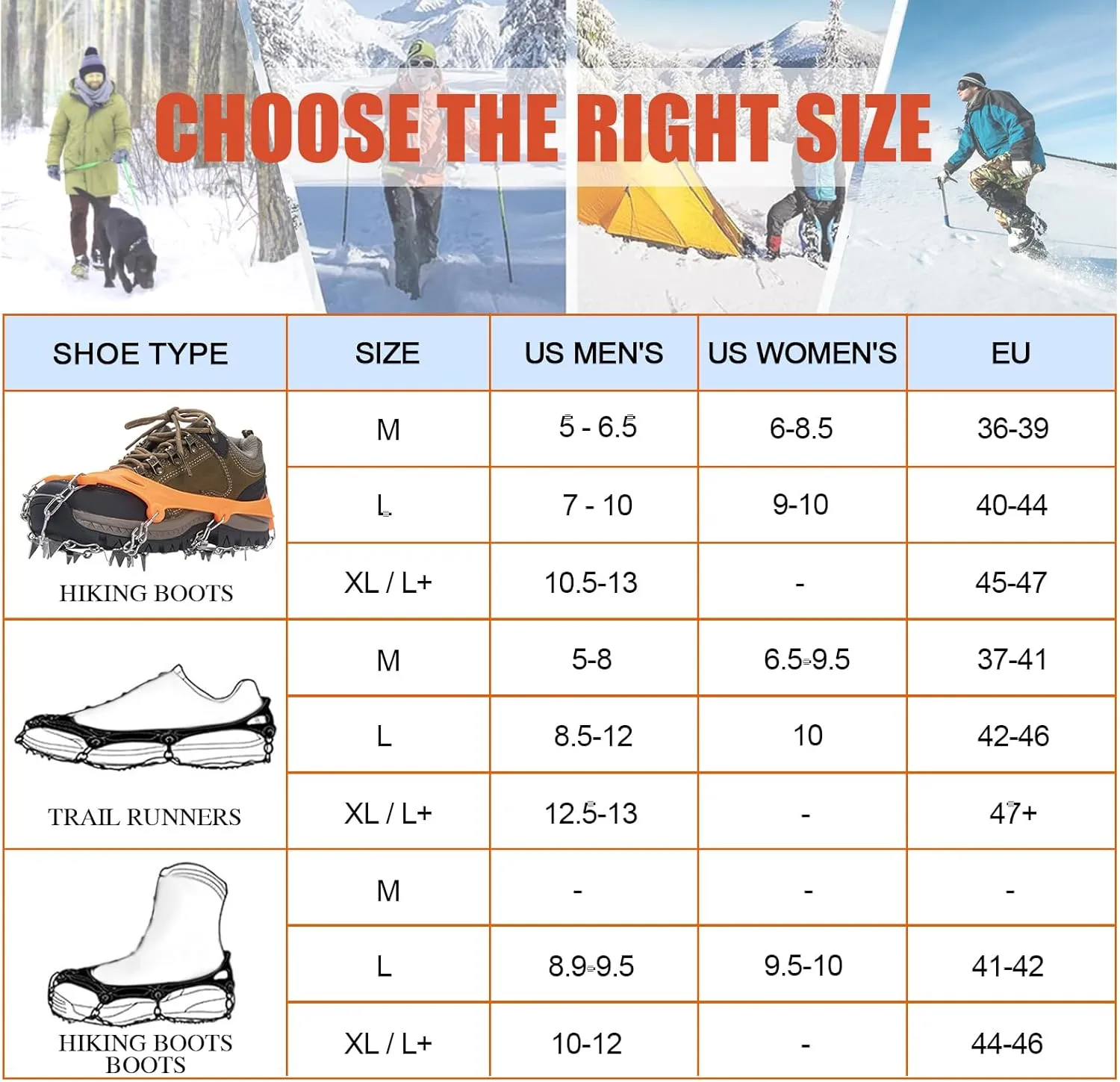 Crampons for Hiking Boots, Shoes, Anti Slip 19 Stainless Steel Crampons Ice Cleats Traction Snow Grips Safe Protect for Women Men Kids Walking Climbing