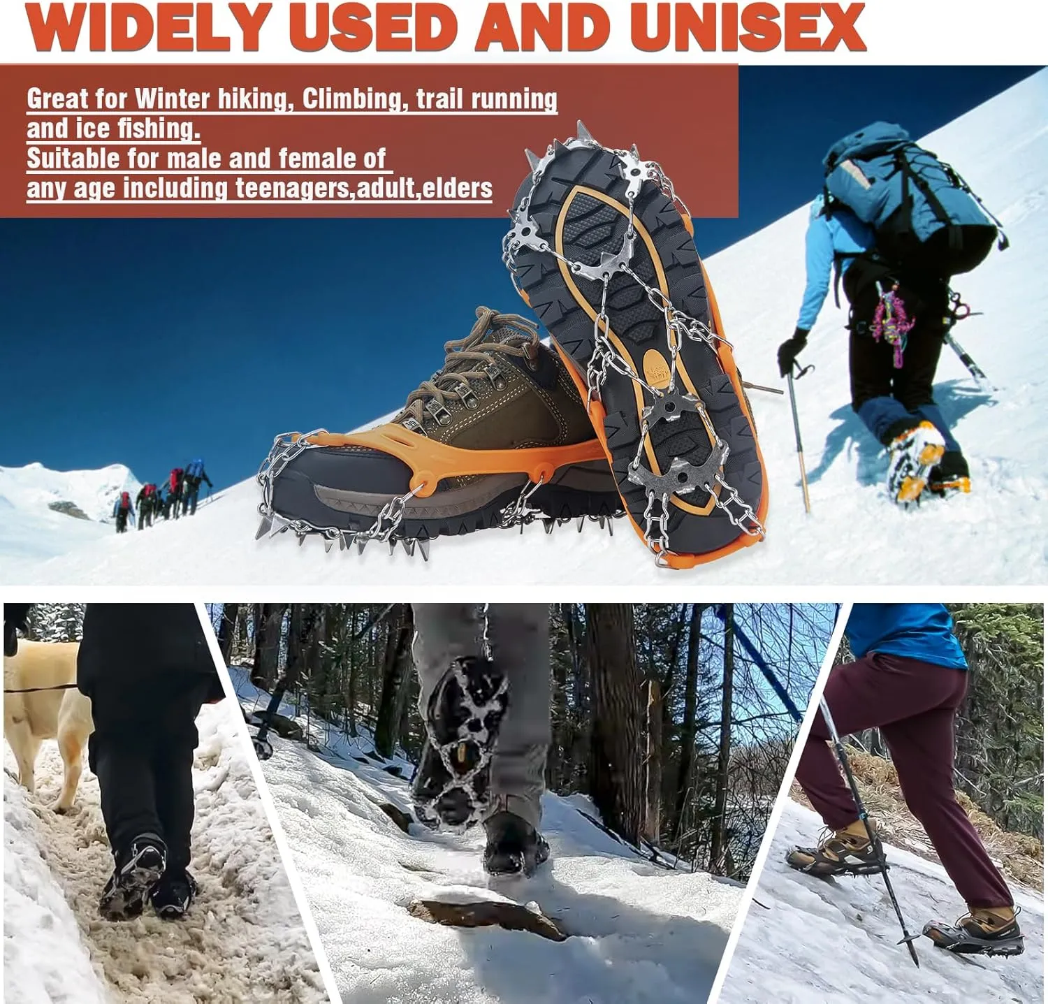 Crampons for Hiking Boots, Shoes, Anti Slip 19 Stainless Steel Crampons Ice Cleats Traction Snow Grips Safe Protect for Women Men Kids Walking Climbing