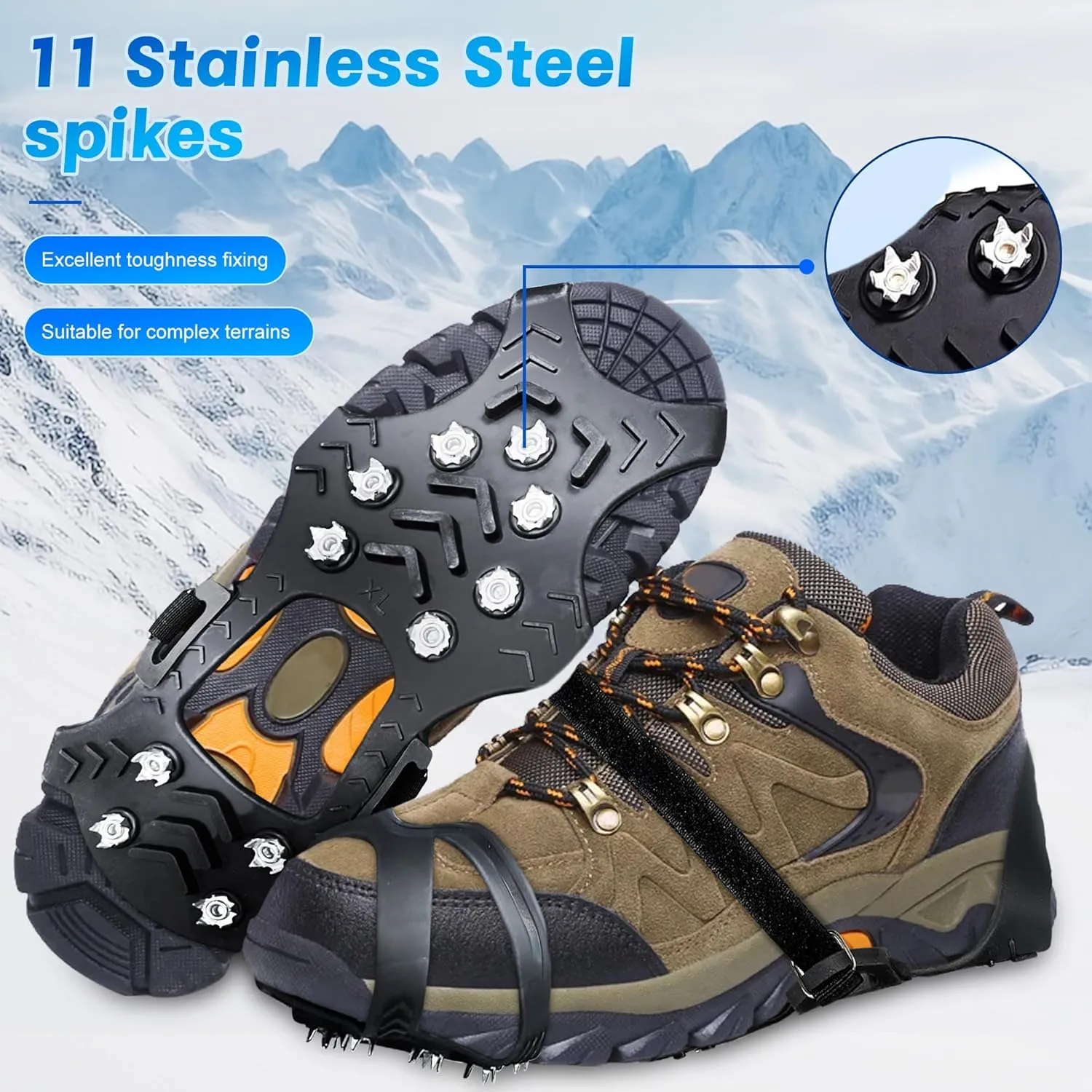 Crampons Ice Cleats for Shoes and Boots, Ice Snow Grip with Stainless Steel Spikes Anti-Slip, Traction Cleats Grips with Straps Women Men Shoes for Walking, Climbing, Hiking, Ice Fishing