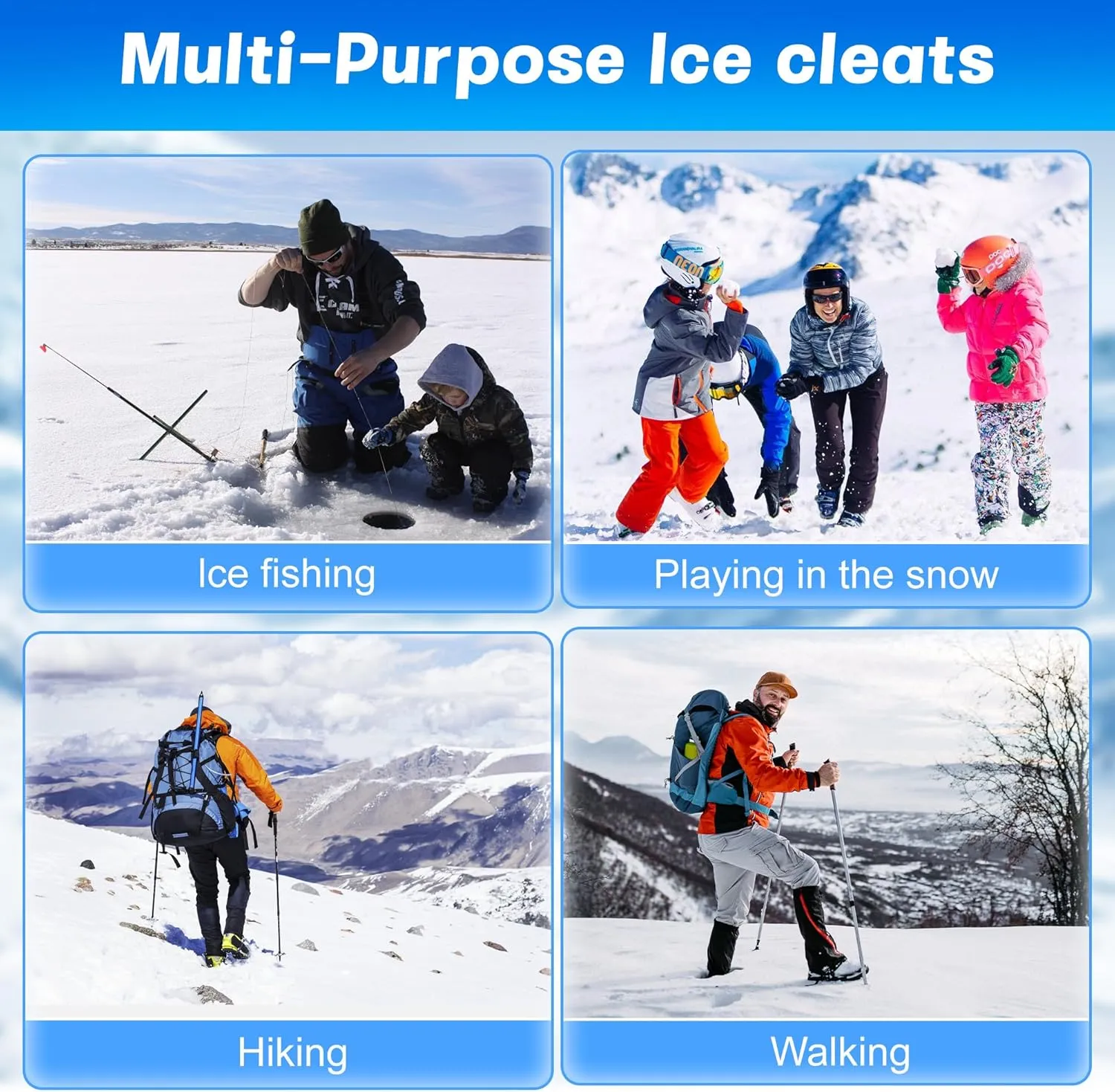 Crampons Ice Cleats for Shoes and Boots, Ice Snow Grip with Stainless Steel Spikes Anti-Slip, Traction Cleats Grips with Straps Women Men Shoes for Walking, Climbing, Hiking, Ice Fishing