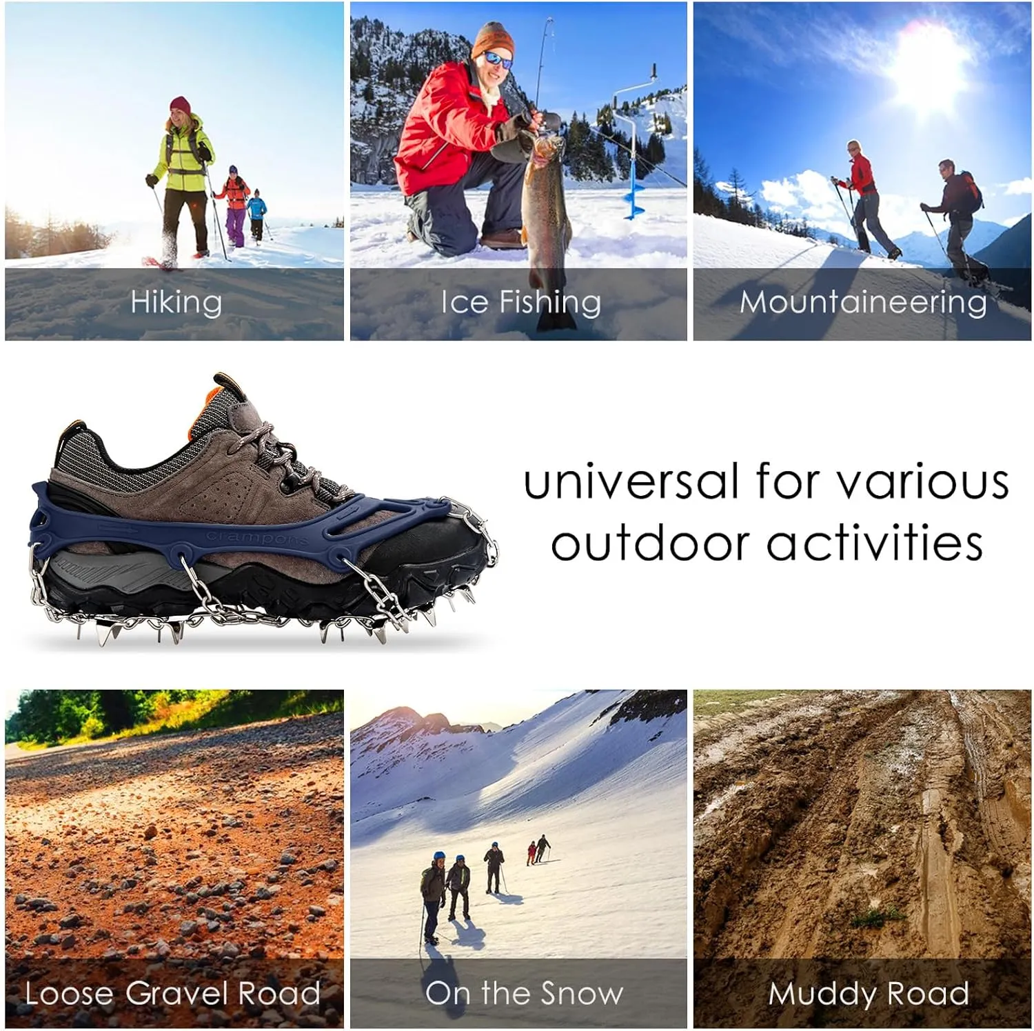 Crampons Ice Cleats Traction Snow Grips for Boots Shoes Women Men Anti Slip 19 Stainless Steel Spikes Safe Protect for Hiking Fishing Walking Climbing Mountaineering