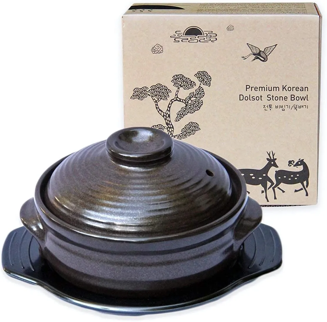 Crazy Korean Cooking Korean Stone Bowl (Dolsot), Sizzling Hot Pot for Bibimbap and Soup - Premium Ceramic (Large with Lid)
