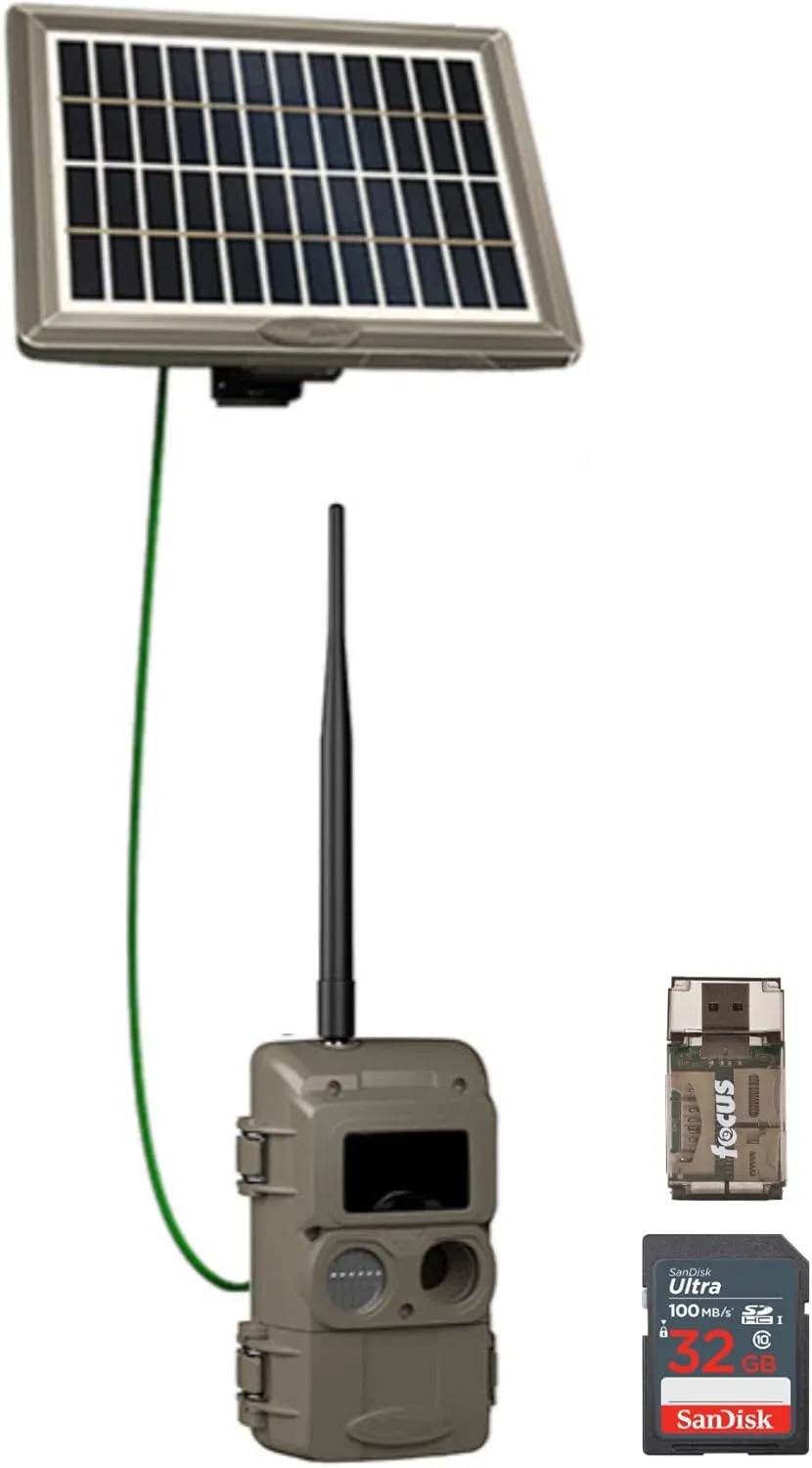 Cuddeback CuddeLink Wireless Trail Camera 3rd Gen Sensor, Low-Glow IR LED Camera with Antenna Bundle Solar Power Bank, 32 GB Memory Card, and Card Reader (4 Items)