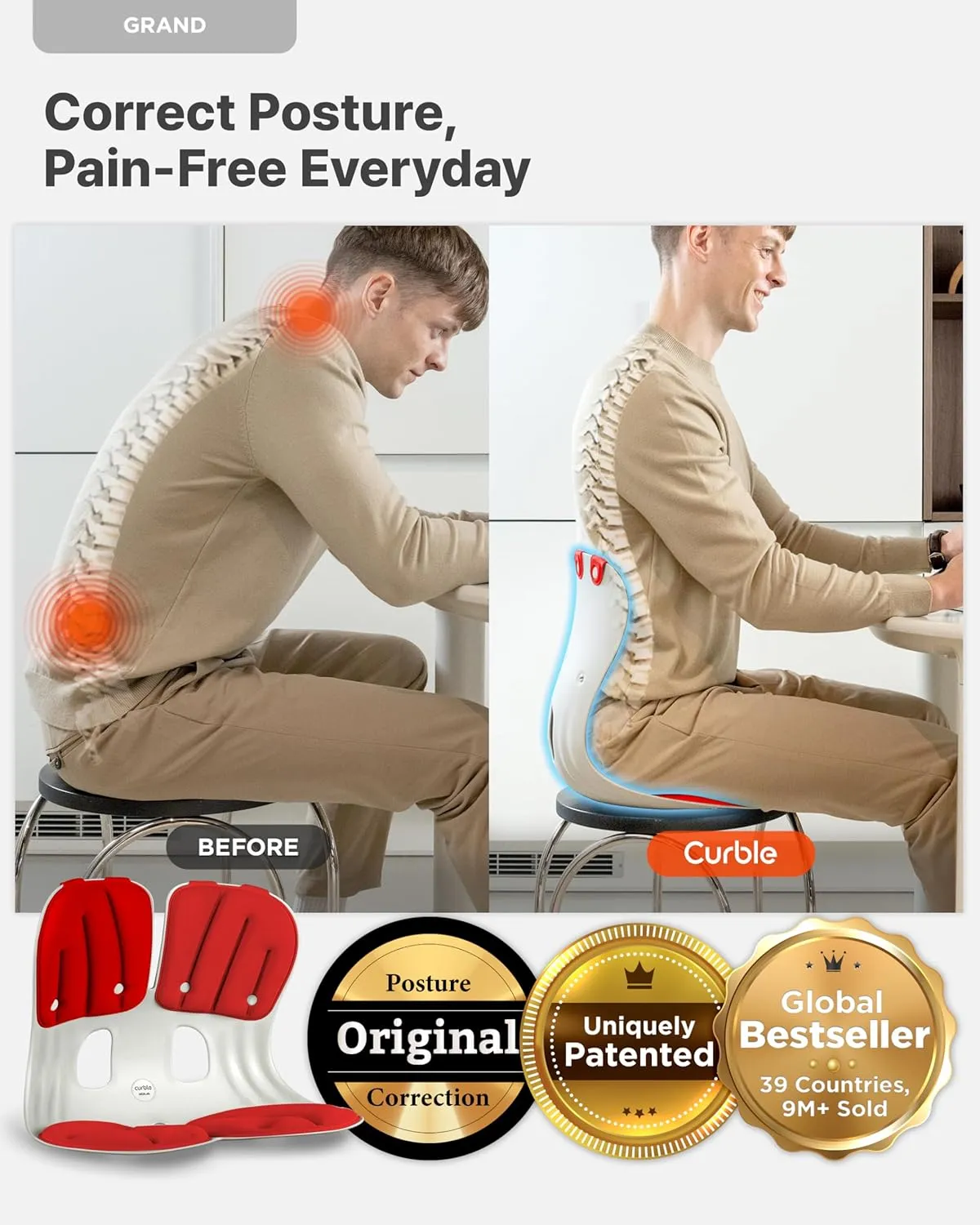 curble Grand(Extra Wide & Sturdy) – Ergonomic Back and Lumbar Support for Good Posture Correction and Back Pain Relief, Perfect for Office, Floor Seat, and Work from Home, Patented (Red)