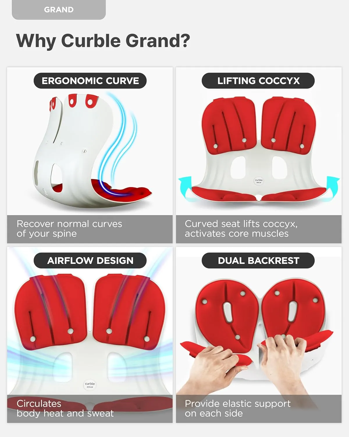 curble Grand(Extra Wide & Sturdy) – Ergonomic Back and Lumbar Support for Good Posture Correction and Back Pain Relief, Perfect for Office, Floor Seat, and Work from Home, Patented (Red)