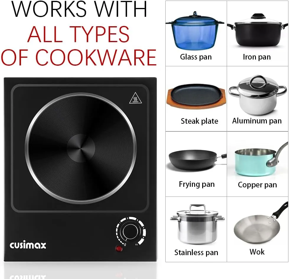 CUSIMAX Hot Plate, Single Burner Electric Cooktop, 1500W Electric Burner Hot Plate for Cooking with Adjustable Temperature, Portable Countertop Burner Stainless Steel, Black, New Model