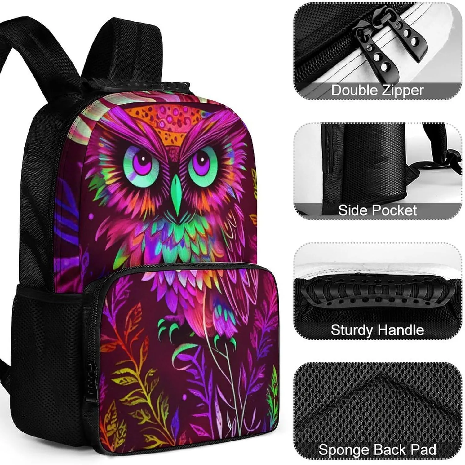 Cute Abstract Owl Psychedelic Art Rucksacks Lightweight Multipurpose Anti-Theft Shoulder Bag Big Capacity Traveling & Camping Backpack With Side Pockets