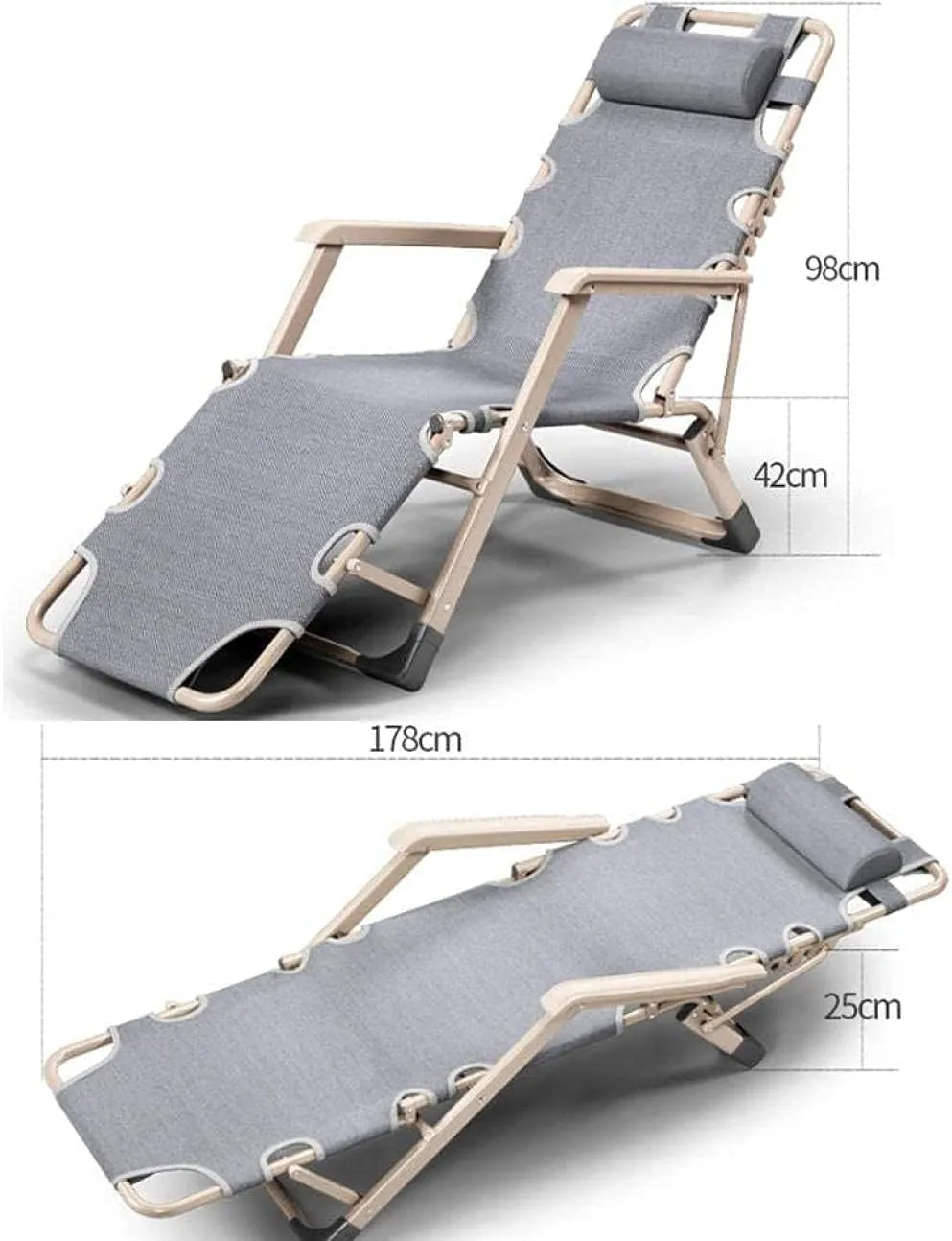 Deck Chair Recliners Folding Recliner Portable Reclining Sun Lounger Outdoor Camping Chair-Grey Pearl Pad-Grey 4d Breathable Cushion