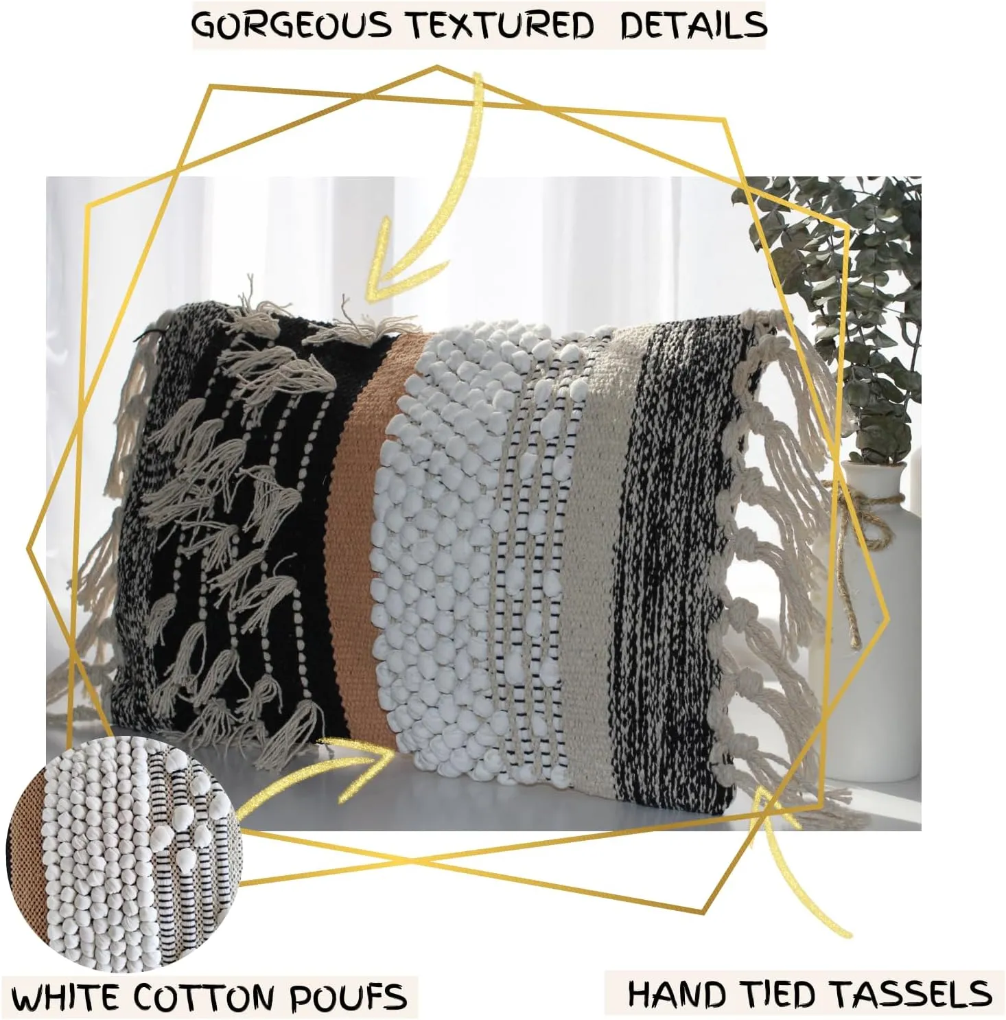 Decorative Boho-Chic Textured Lumbar Pillow Cover 12”x20” Trendy Moroccan Rustic Throw with Tufted Accents Handwoven Cotton, Neutral Farmhouse Home Decor, Limited Edition (No Insert)