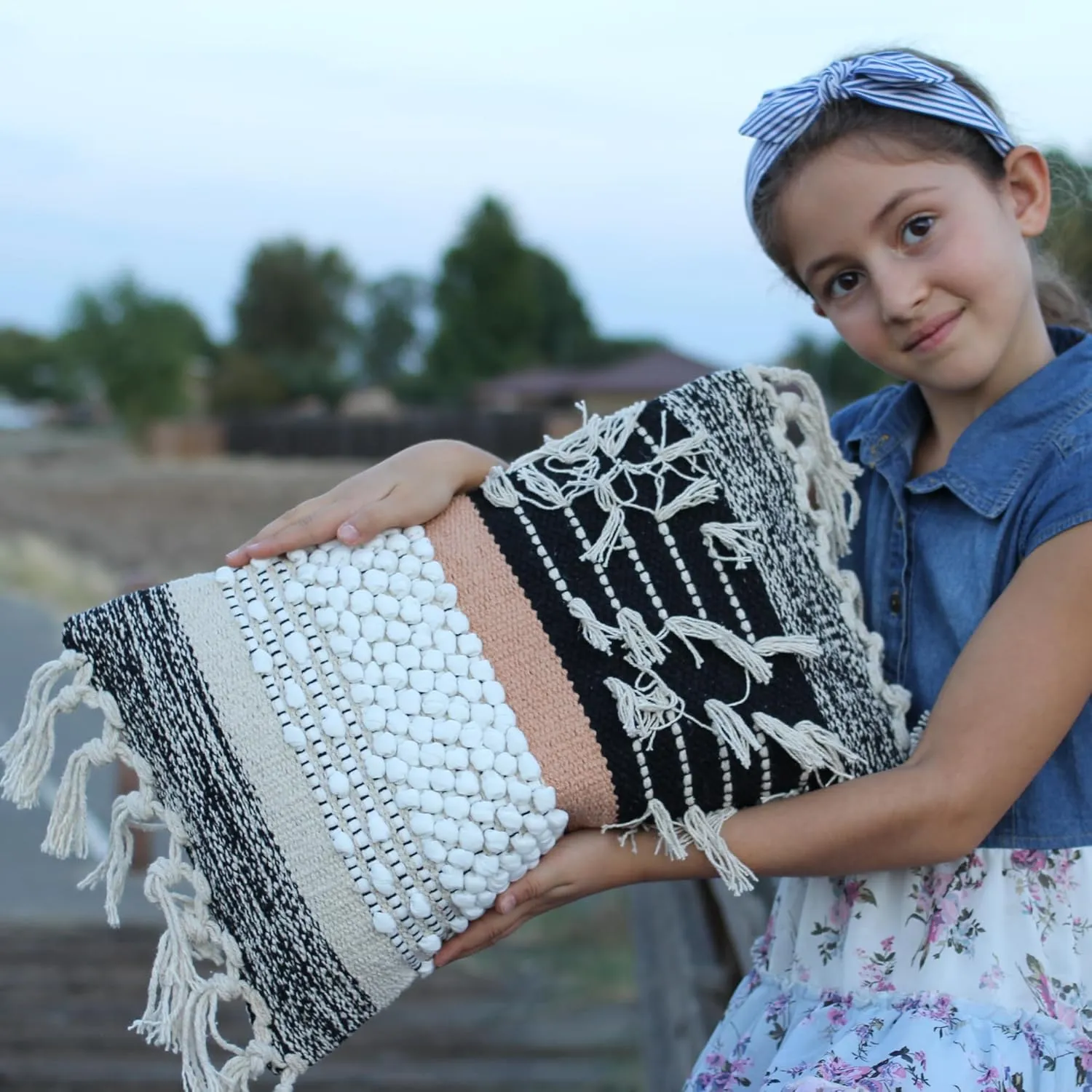 Decorative Boho-Chic Textured Lumbar Pillow Cover 12”x20” Trendy Moroccan Rustic Throw with Tufted Accents Handwoven Cotton, Neutral Farmhouse Home Decor, Limited Edition (No Insert)