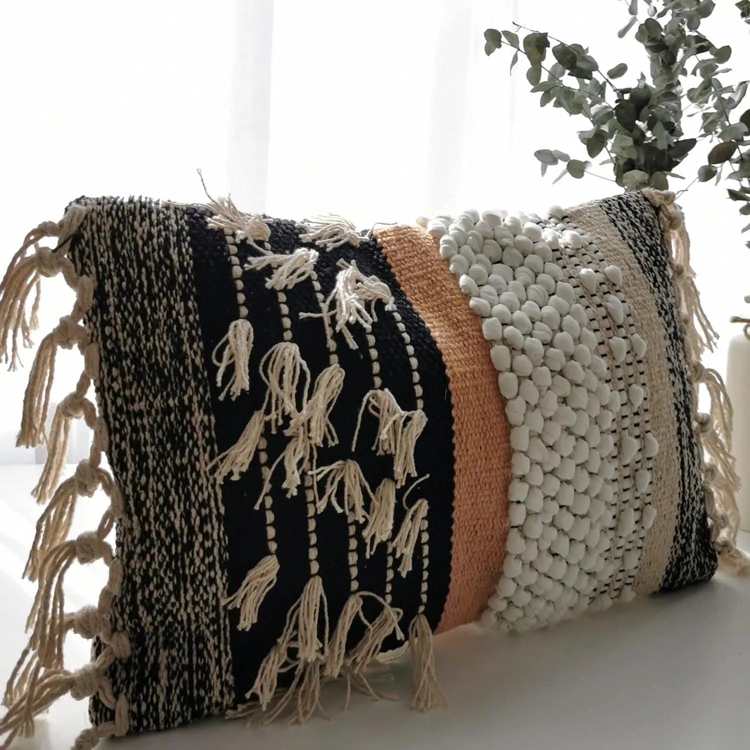 Decorative Boho-Chic Textured Lumbar Pillow Cover 12”x20” Trendy Moroccan Rustic Throw with Tufted Accents Handwoven Cotton, Neutral Farmhouse Home Decor, Limited Edition (No Insert)