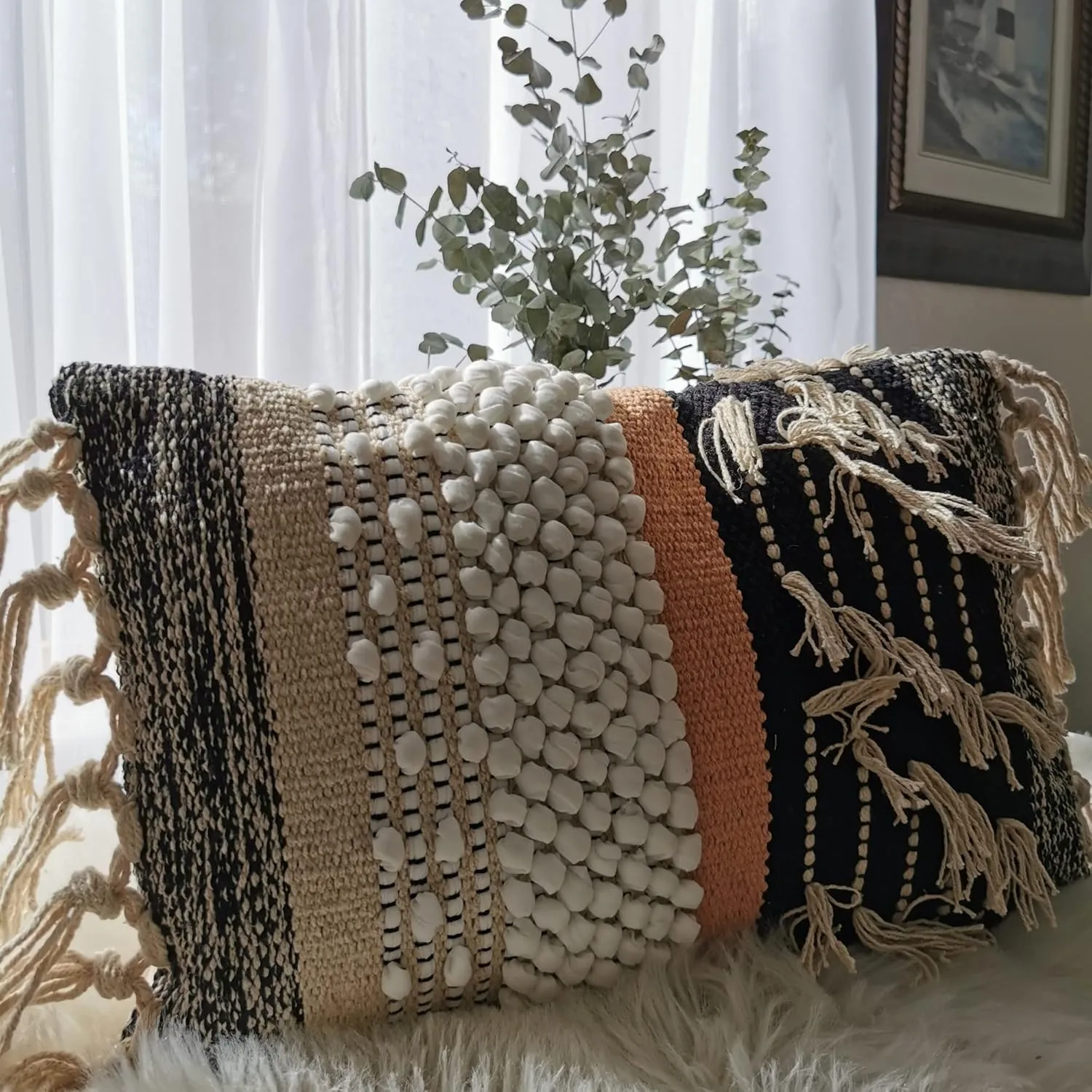 Decorative Boho-Chic Textured Lumbar Pillow Cover 12”x20” Trendy Moroccan Rustic Throw with Tufted Accents Handwoven Cotton, Neutral Farmhouse Home Decor, Limited Edition (No Insert)