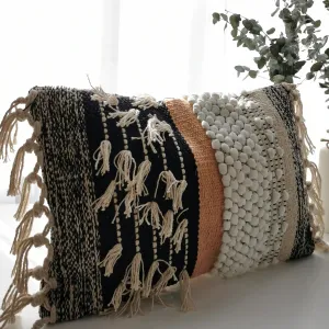Decorative Boho-Chic Textured Lumbar Pillow Cover 12”x20” Trendy Moroccan Rustic Throw with Tufted Accents Handwoven Cotton, Neutral Farmhouse Home Decor, Limited Edition (No Insert)