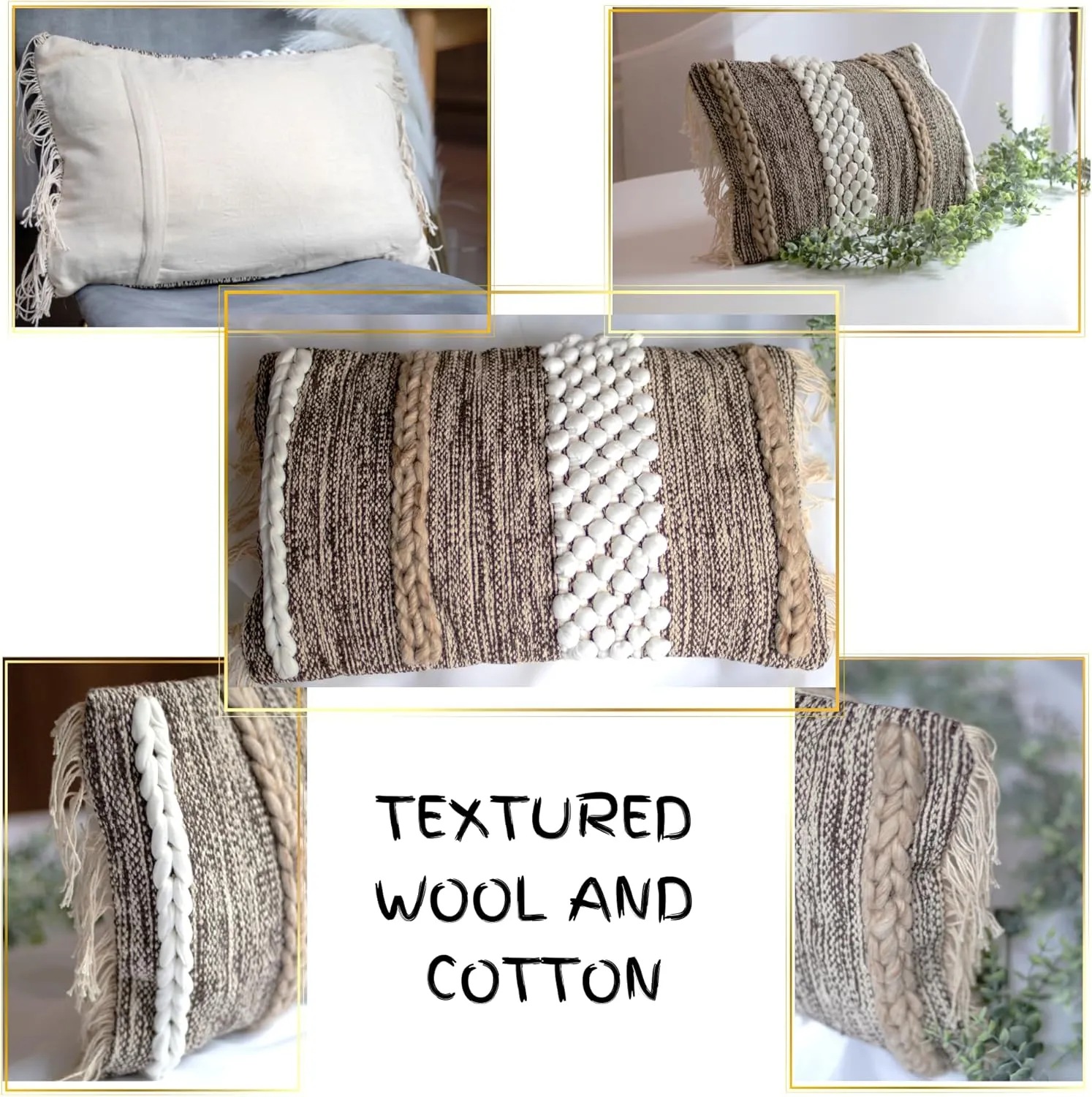 Decorative Boho-Chic Textured Lumbar Pillow Cover 12”x20” Trendy Moroccan Rustic Throw with Tufted Accents Handwoven Wool and Cotton, Neutral Farmhouse Home Decor for Christmas