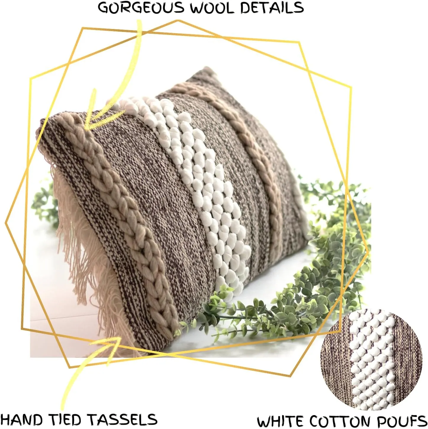 Decorative Boho-Chic Textured Lumbar Pillow Cover 12”x20” Trendy Moroccan Rustic Throw with Tufted Accents Handwoven Wool and Cotton, Neutral Farmhouse Home Decor for Christmas