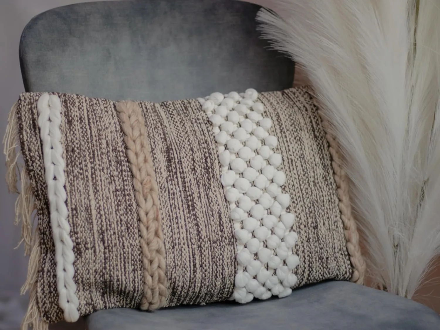 Decorative Boho-Chic Textured Lumbar Pillow Cover 12”x20” Trendy Moroccan Rustic Throw with Tufted Accents Handwoven Wool and Cotton, Neutral Farmhouse Home Decor for Christmas