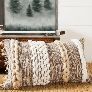 Decorative Boho-Chic Textured Lumbar Pillow Cover 12”x20” Trendy Moroccan Rustic Throw with Tufted Accents Handwoven Wool and Cotton, Neutral Farmhouse Home Decor for Christmas