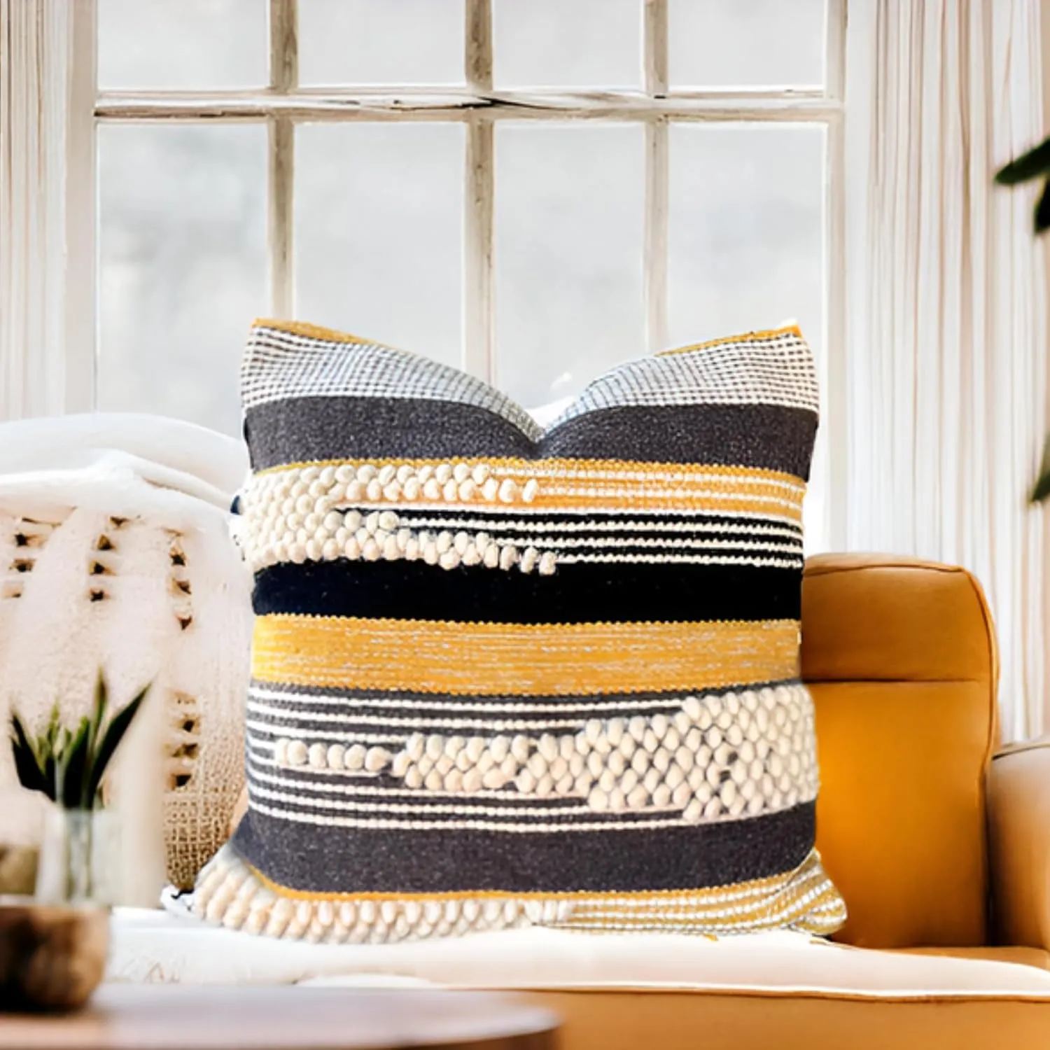 Decorative Boho-Chic Textured Square Pillow Cover 18" x18” Trendy Moroccan Rustic Throw with Tufted Accents Handwoven Cotton, Neutral Farmhouse Home Decor Limited Edition