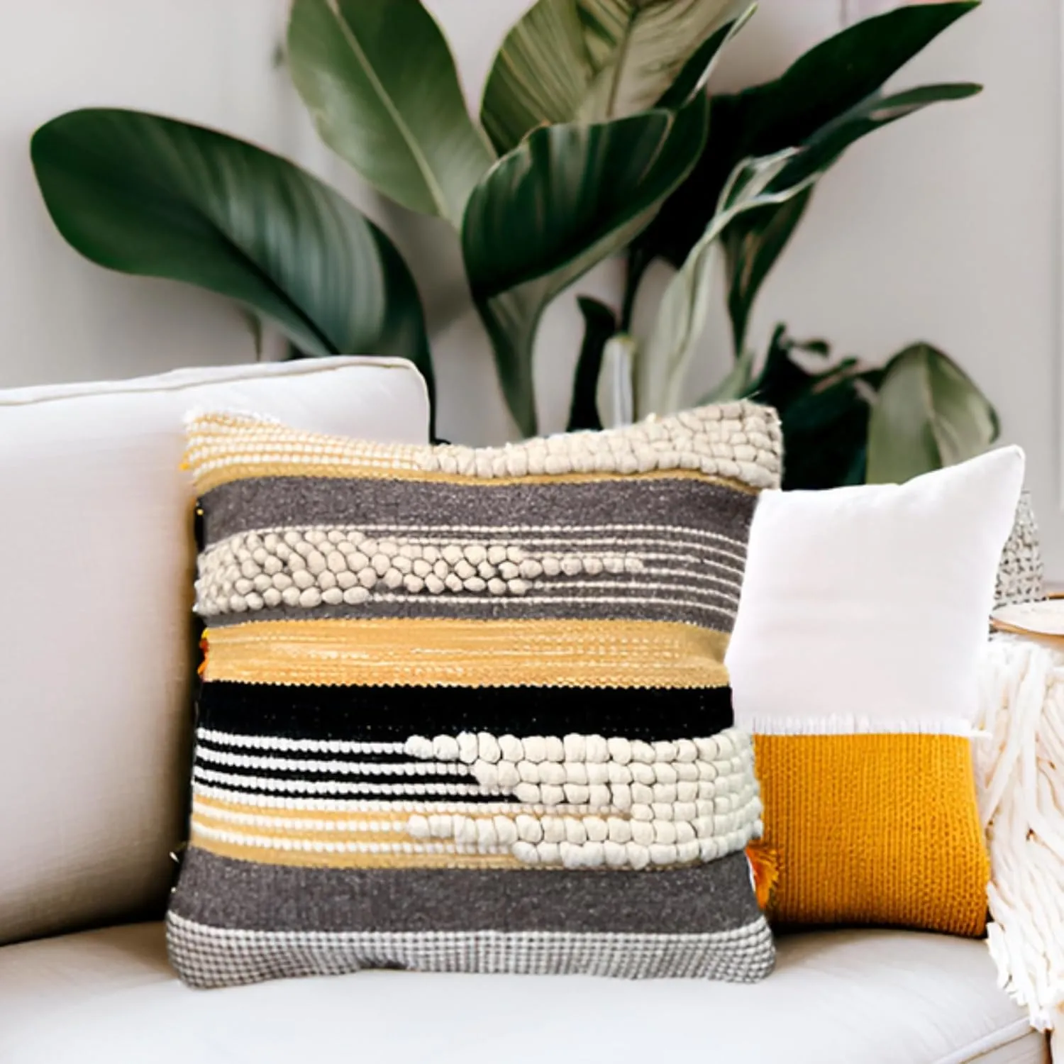 Decorative Boho-Chic Textured Square Pillow Cover 18" x18” Trendy Moroccan Rustic Throw with Tufted Accents Handwoven Cotton, Neutral Farmhouse Home Decor Limited Edition