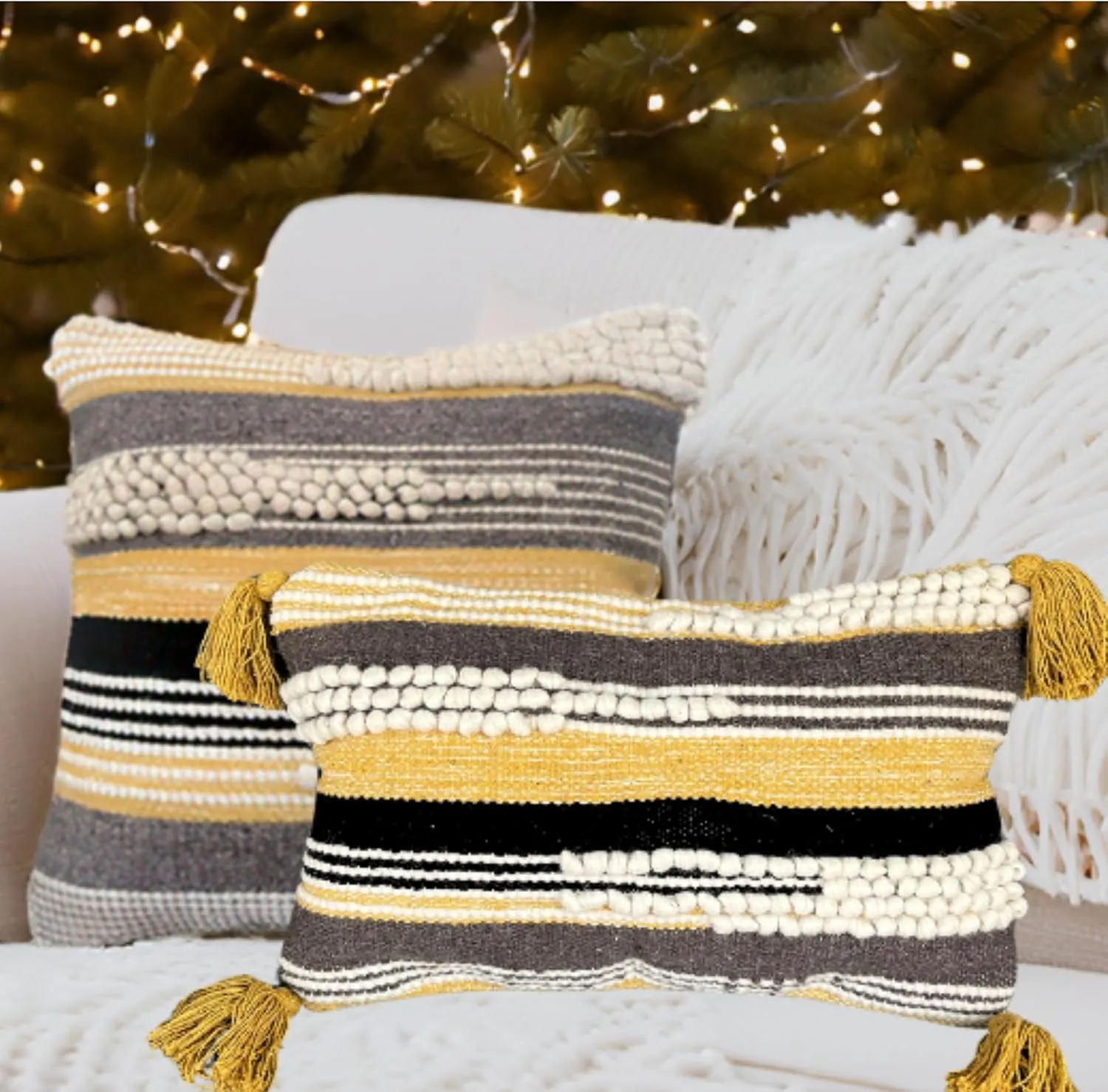 Decorative Boho-Chic Textured Square Pillow Cover 18" x18” Trendy Moroccan Rustic Throw with Tufted Accents Handwoven Cotton, Neutral Farmhouse Home Decor Limited Edition