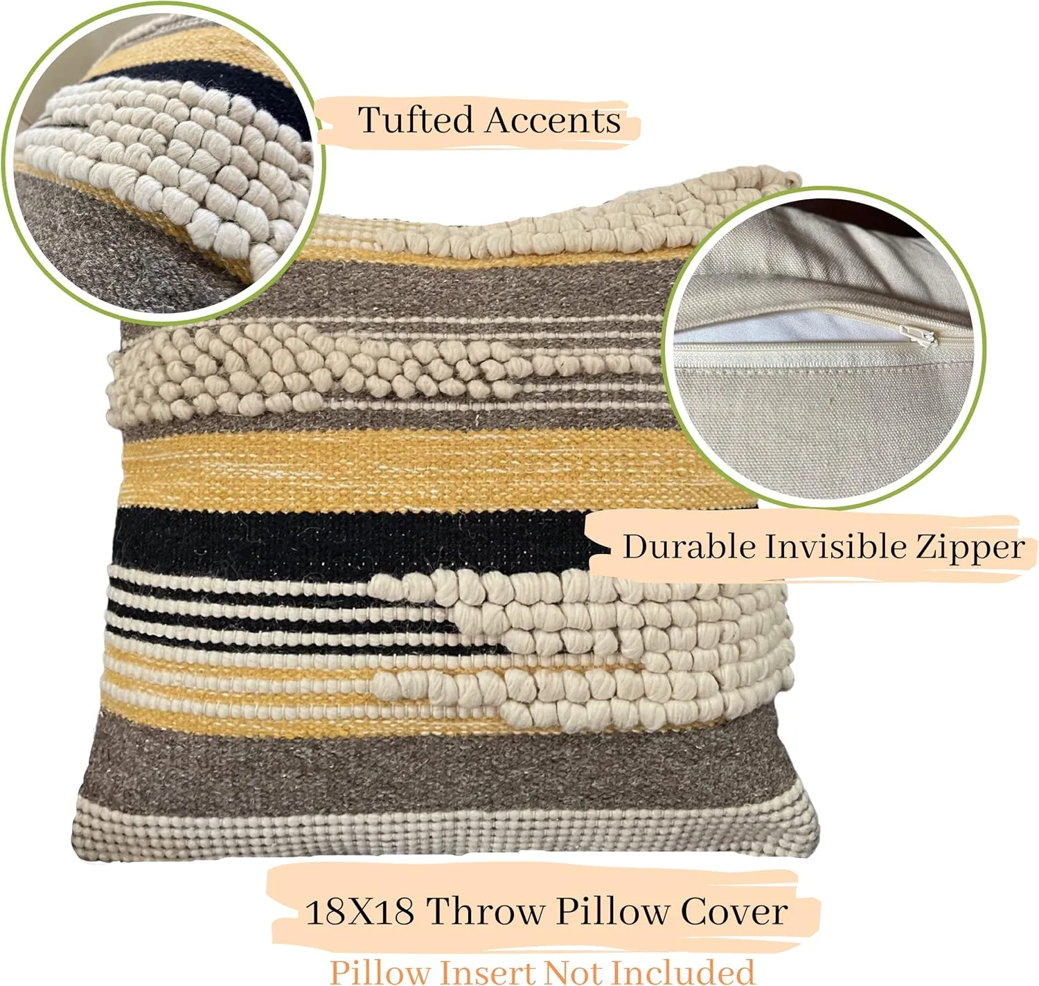 Decorative Boho-Chic Textured Square Pillow Cover 18" x18” Trendy Moroccan Rustic Throw with Tufted Accents Handwoven Cotton, Neutral Farmhouse Home Decor Limited Edition