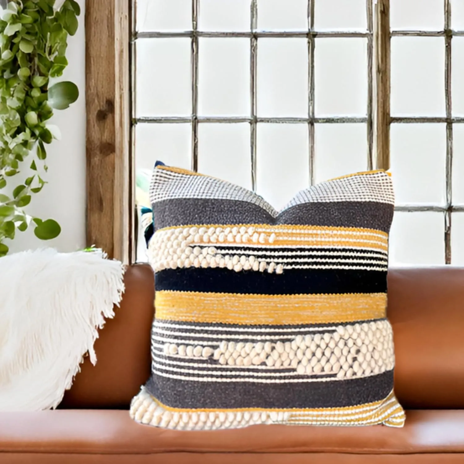 Decorative Throw Pillow Cover 20x20 Rustic Pillow for Couch Bed Handwoven, Neutral Farmhouse Pillow for Home Decor | Made in India (Black/Gray)