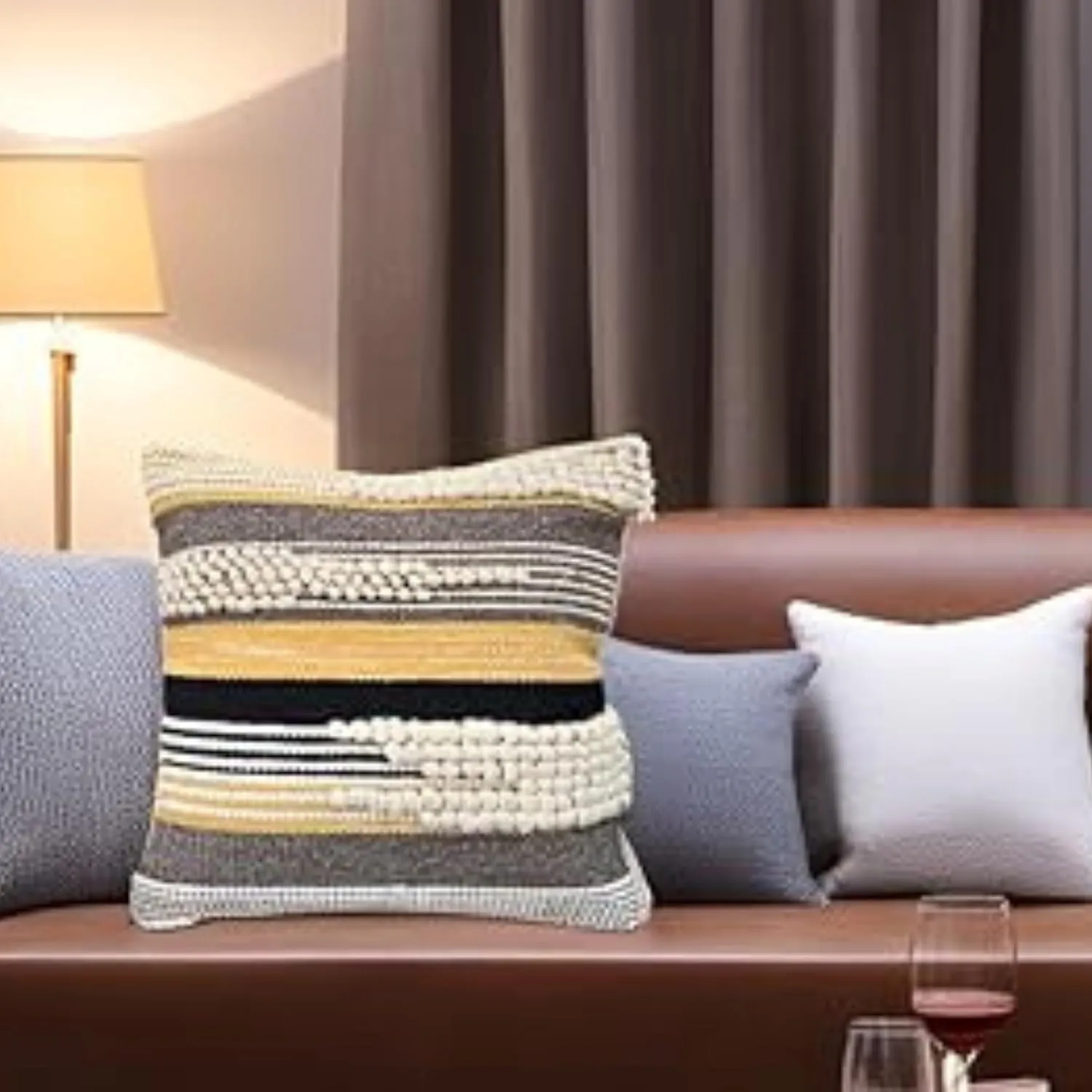 Decorative Throw Pillow Cover 20x20 Rustic Pillow for Couch Bed Handwoven, Neutral Farmhouse Pillow for Home Decor | Made in India (Black/Gray)
