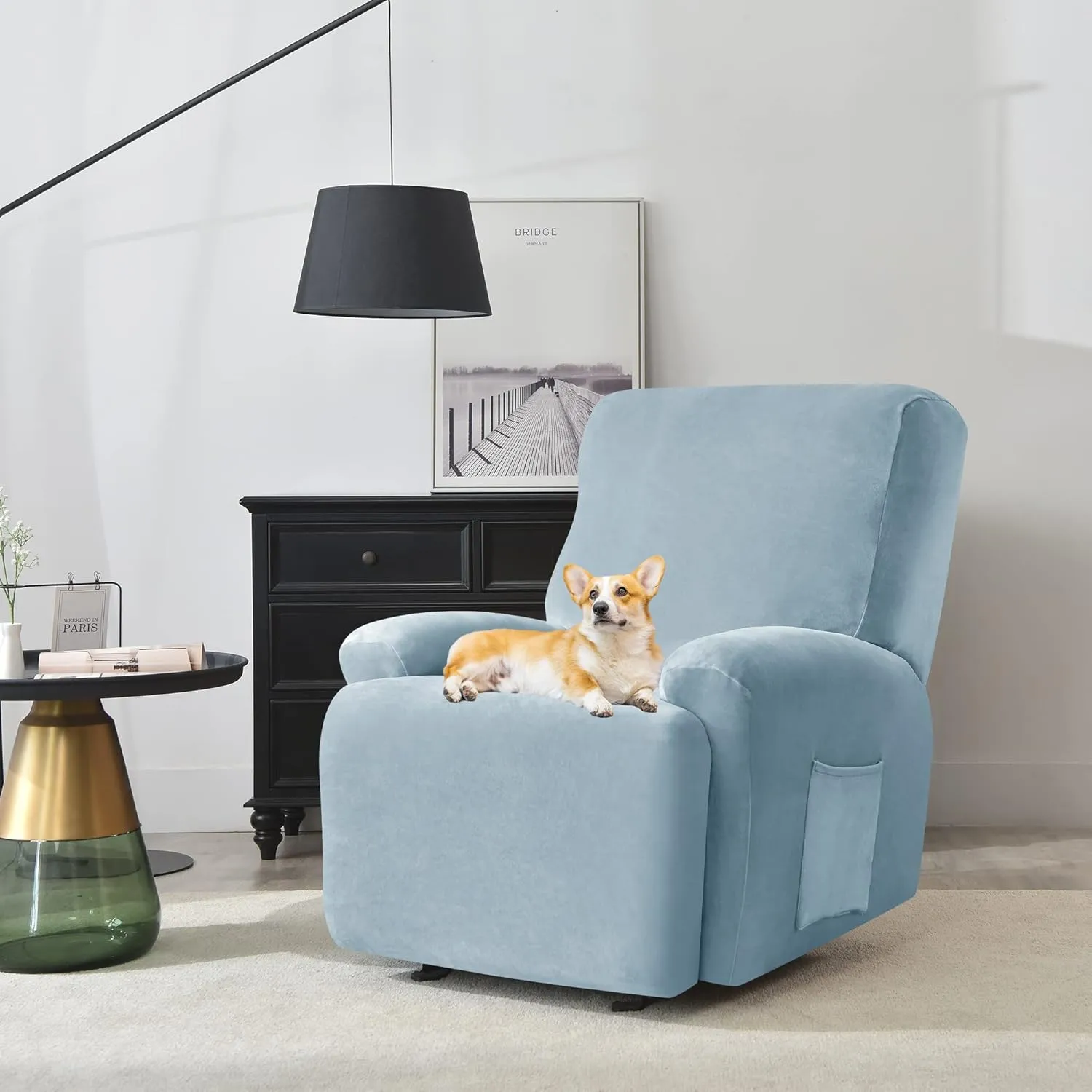 Deisy Dee 4-Piece, 1 Seat Recliner Cover, Soft Velvet Recliner Chair Covers- Stay-in-Place Slipcovers for Recliner Chair (Babyblue)