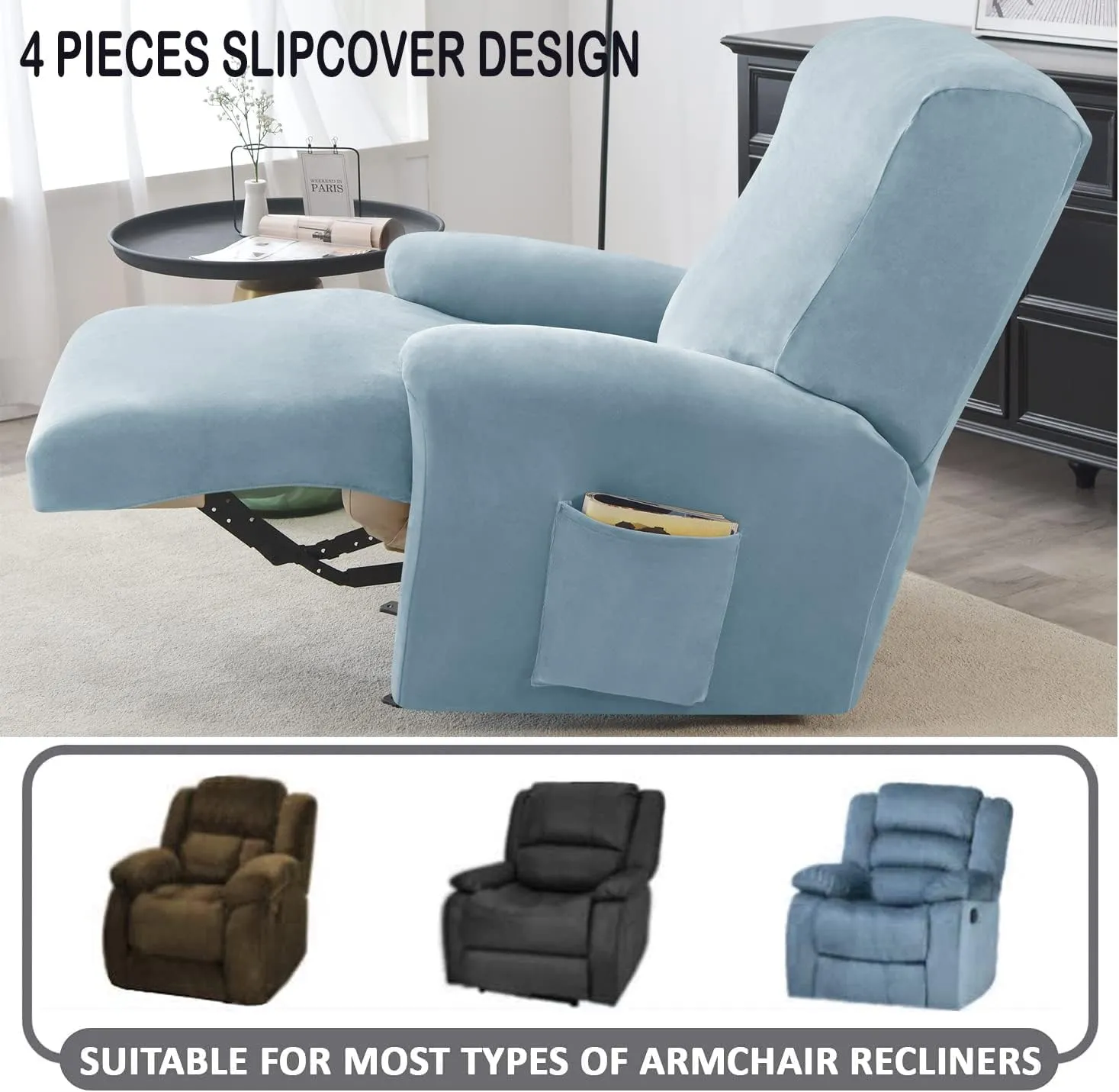 Deisy Dee 4-Piece, 1 Seat Recliner Cover, Soft Velvet Recliner Chair Covers- Stay-in-Place Slipcovers for Recliner Chair (Babyblue)