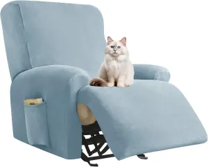 Deisy Dee 4-Piece, 1 Seat Recliner Cover, Soft Velvet Recliner Chair Covers- Stay-in-Place Slipcovers for Recliner Chair (Babyblue)