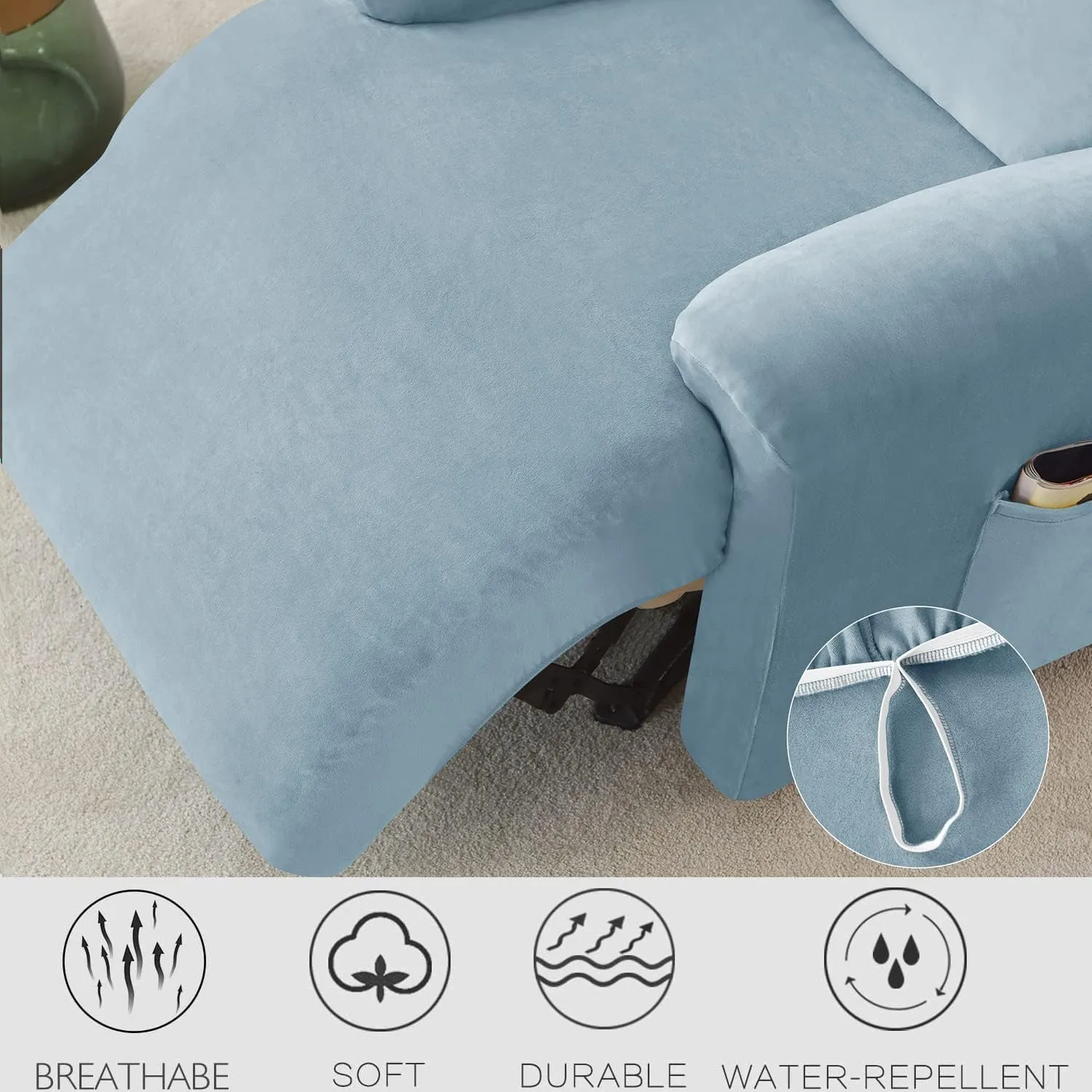 Deisy Dee 4-Piece, 1 Seat Recliner Cover, Soft Velvet Recliner Chair Covers- Stay-in-Place Slipcovers for Recliner Chair (Babyblue)