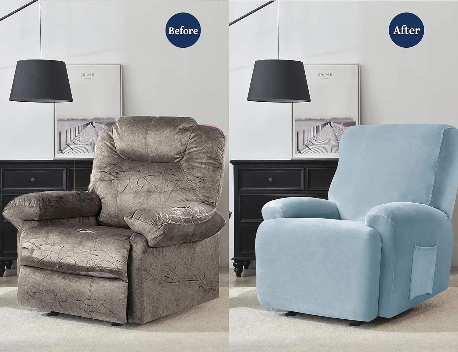 Deisy Dee 4-Piece, 1 Seat Recliner Cover, Soft Velvet Recliner Chair Covers- Stay-in-Place Slipcovers for Recliner Chair (Babyblue)