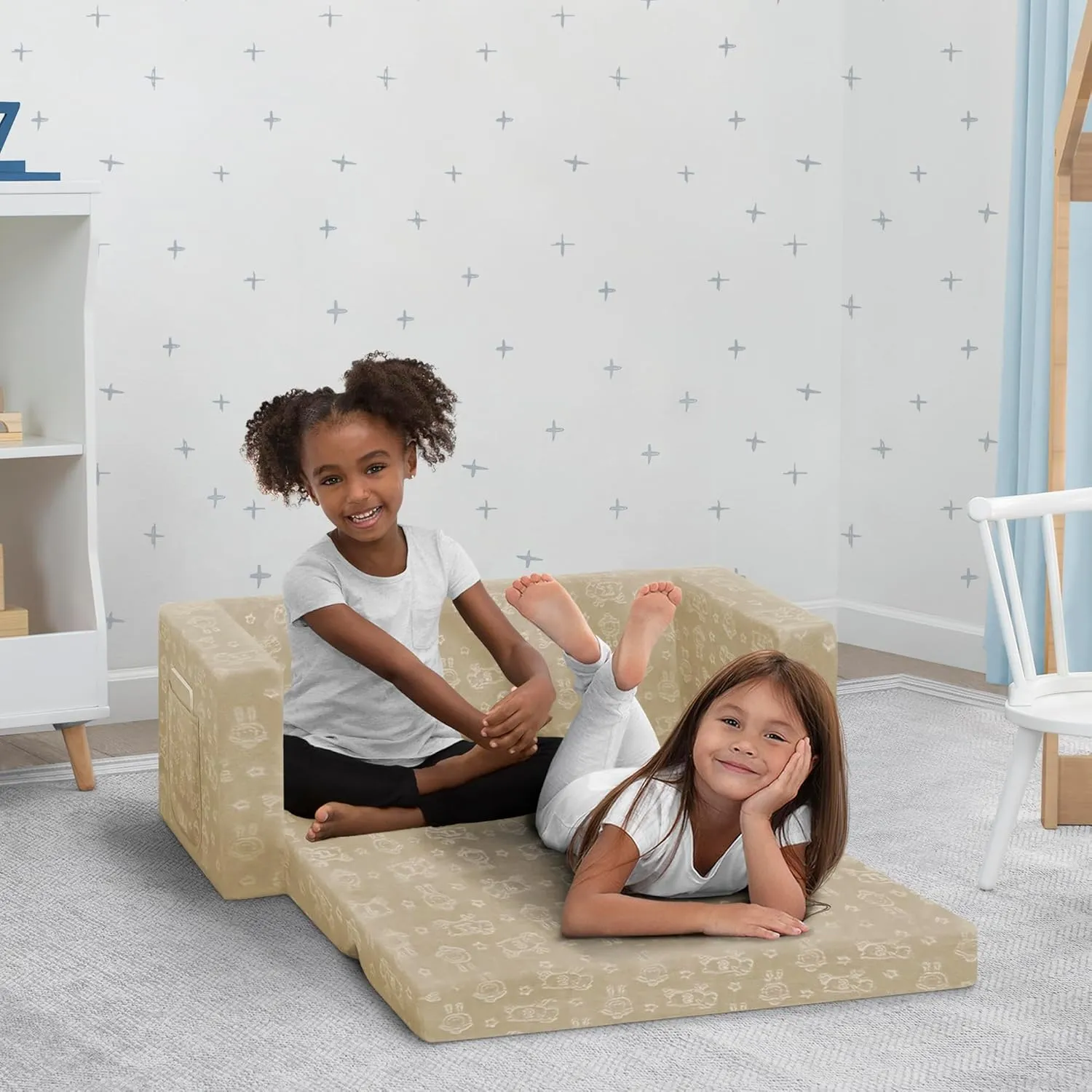 Delta Children Serta Perfect Sleeper Extra Wide Convertible Sofa to Lounger - Comfy 2-in-1 Flip Open Couch/Sleeper for Kids, Cream